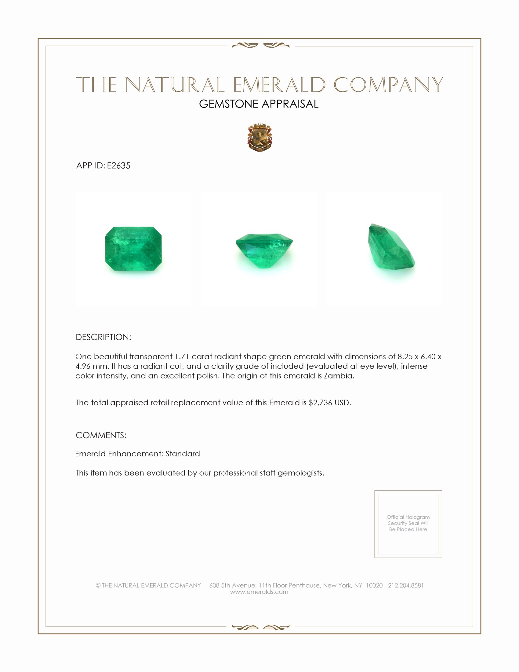 1.71 Ct. Emerald from Zambia