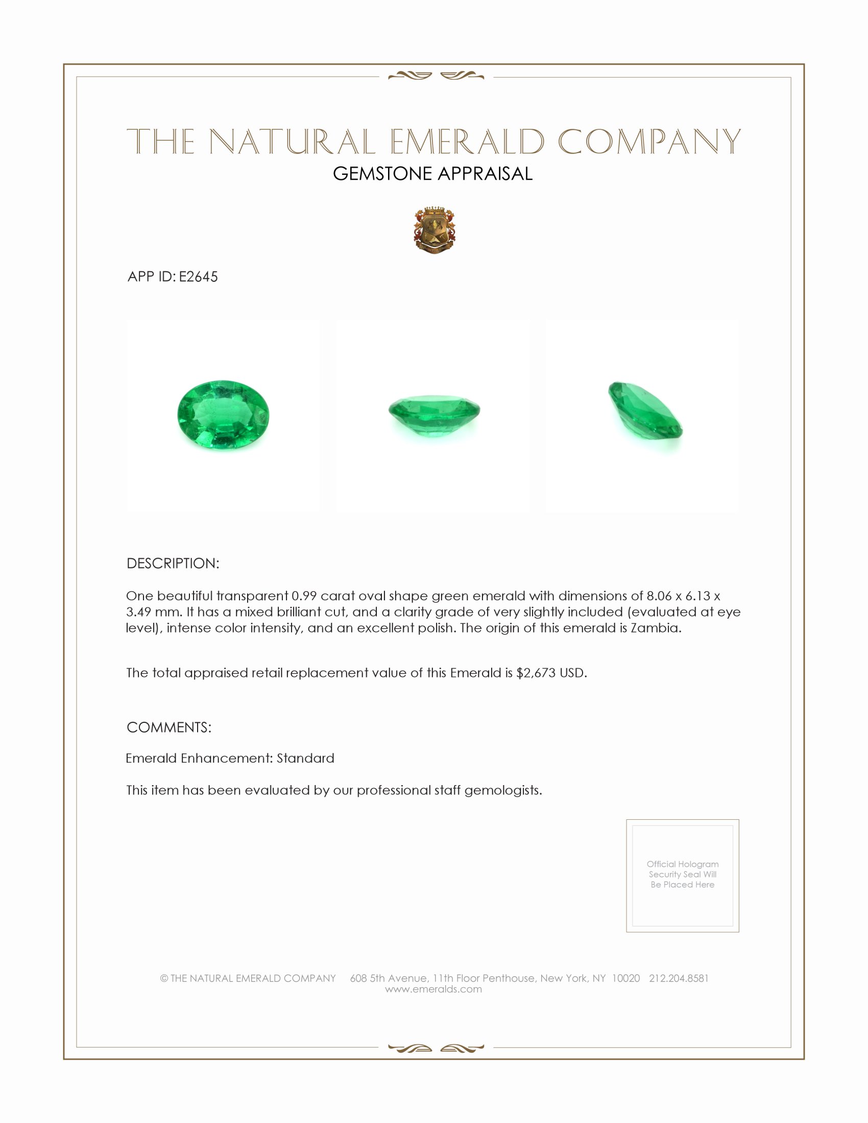 0.99 Ct. Emerald from Zambia