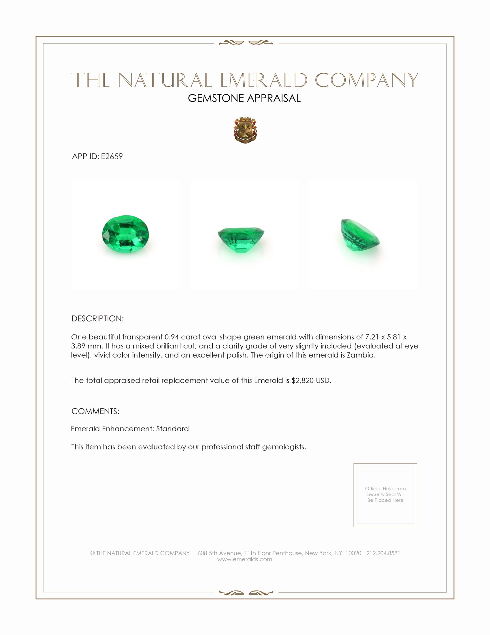 0.94 Ct. Emerald from Zambia