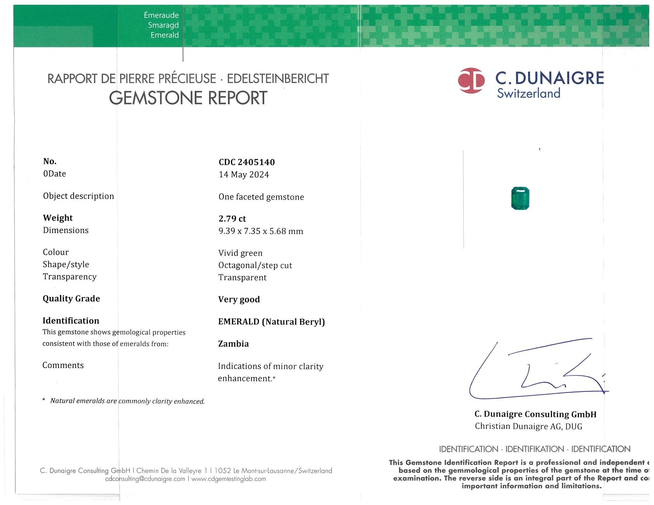 2.79 Ct. Emerald from Zambia