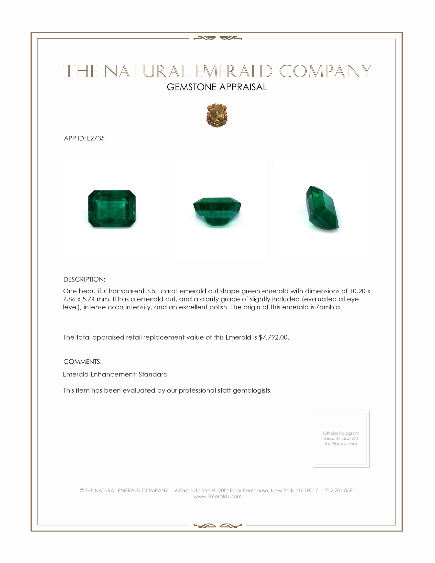 3.51 Ct. Emerald from Zambia
