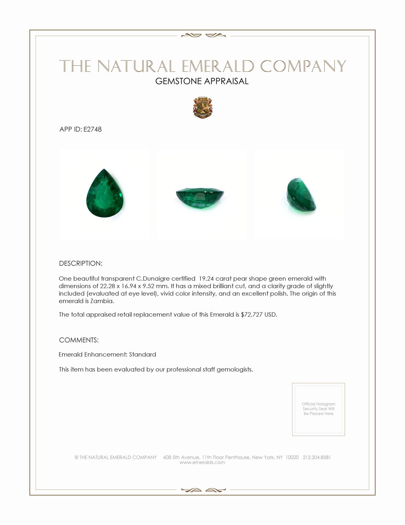 19.24 Ct. Emerald from Zambia