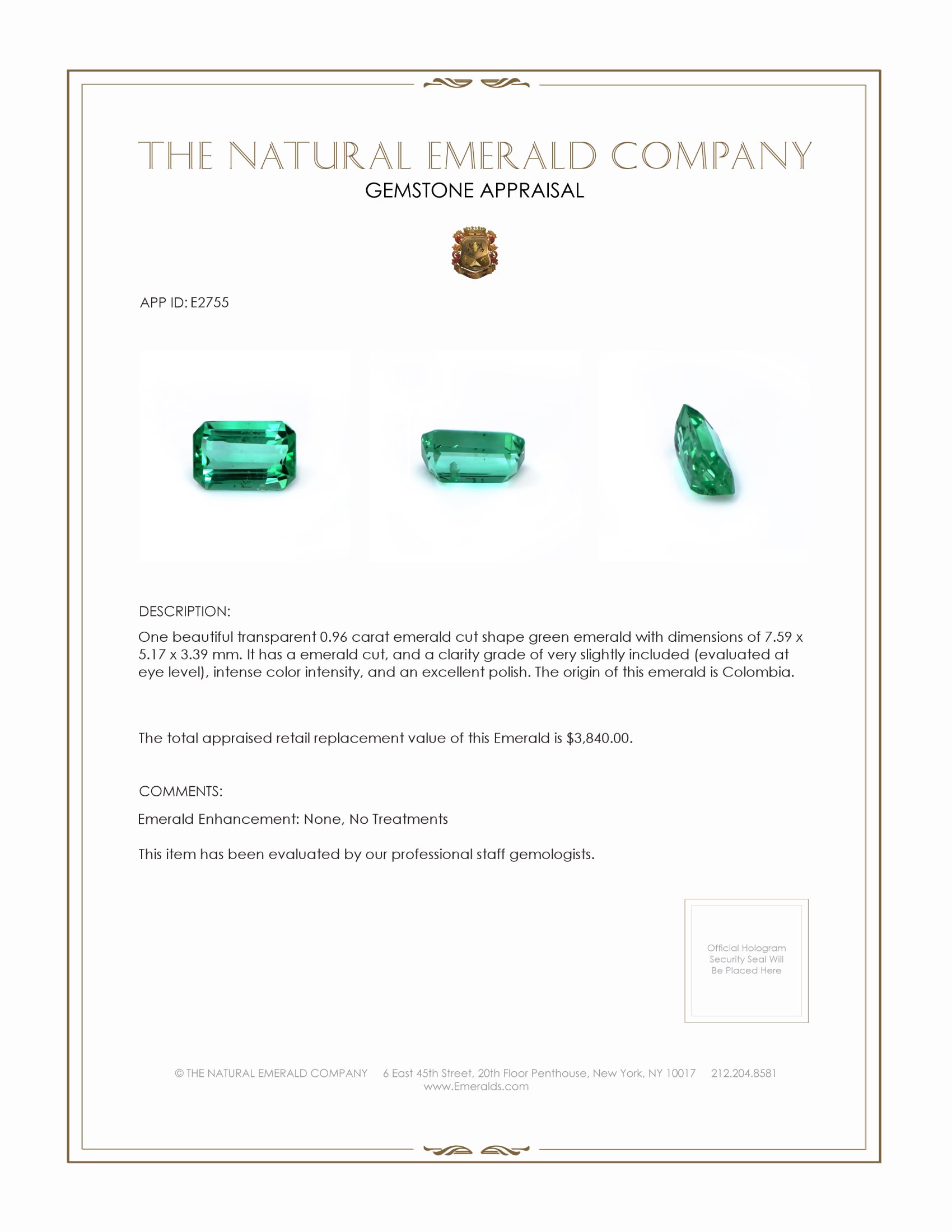 0.96 Ct. Emerald from Colombia