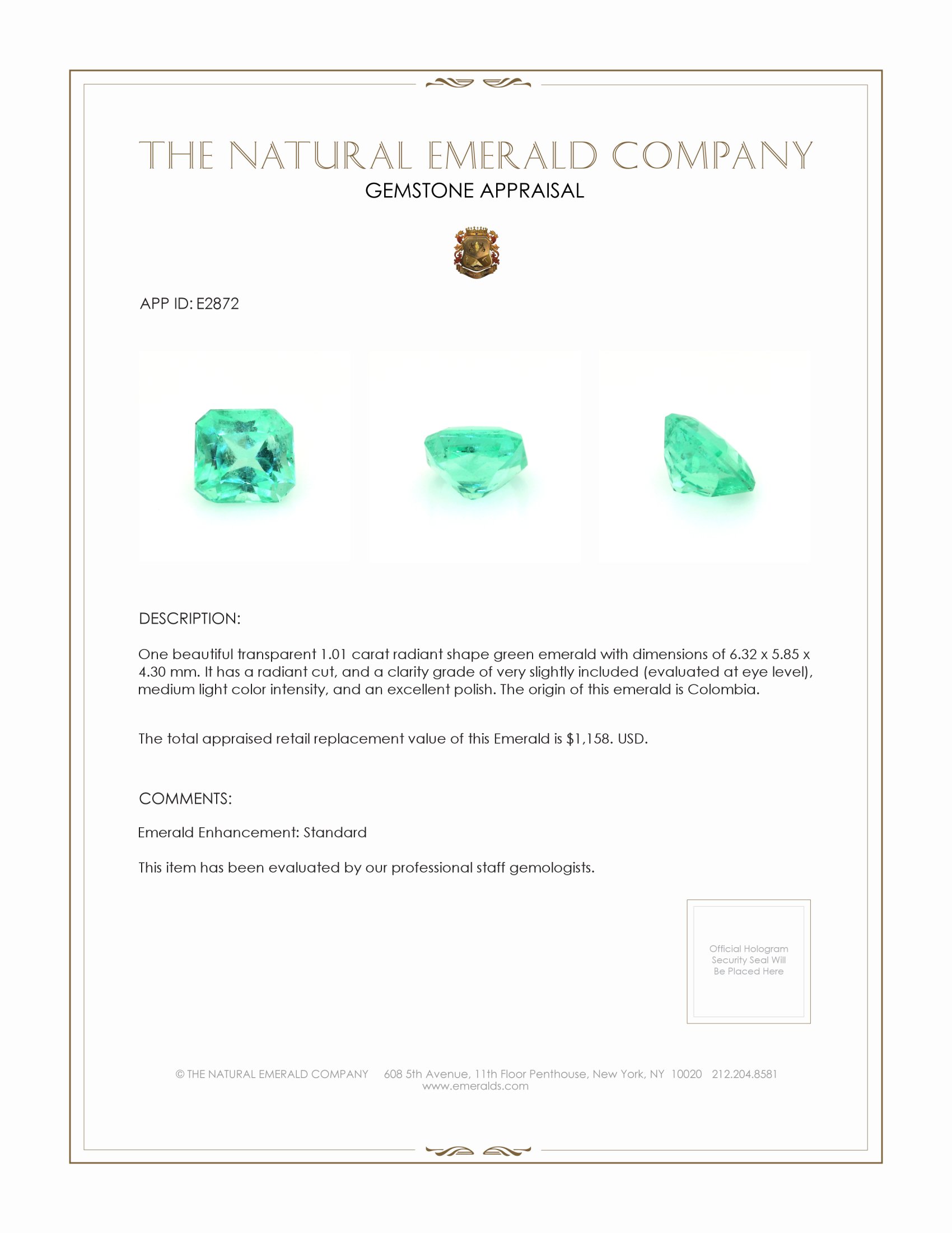 1.01 Ct. Emerald from Colombia