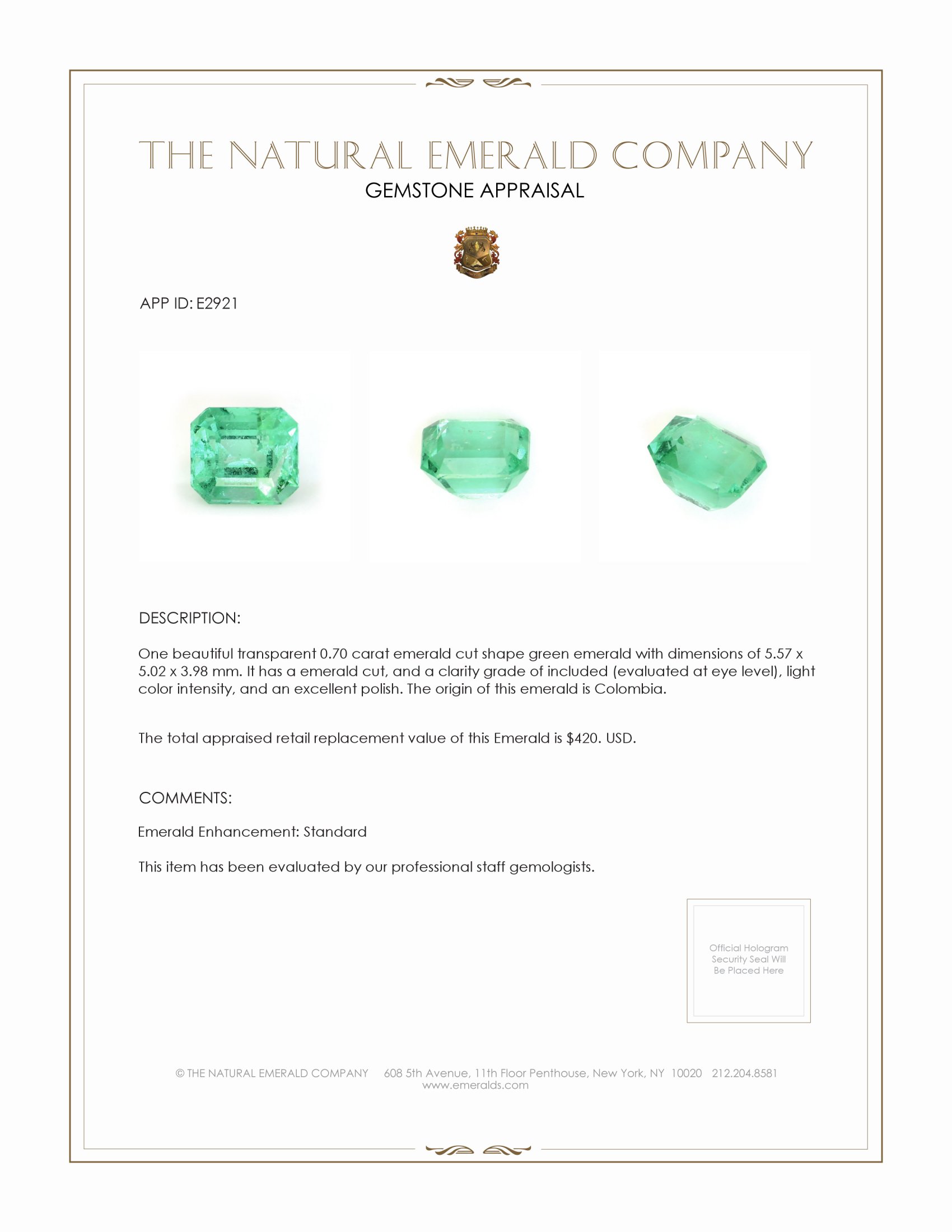 0.70 Ct. Emerald from Colombia