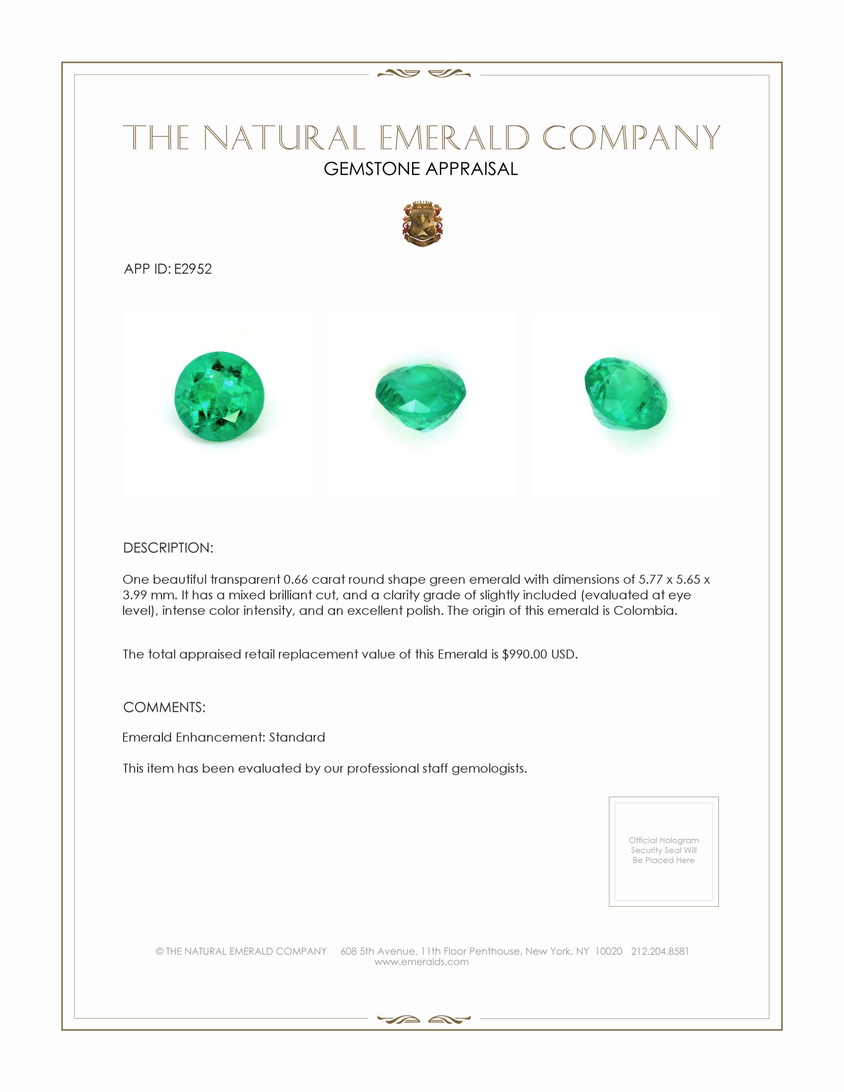 0.66 Ct. Emerald from Colombia