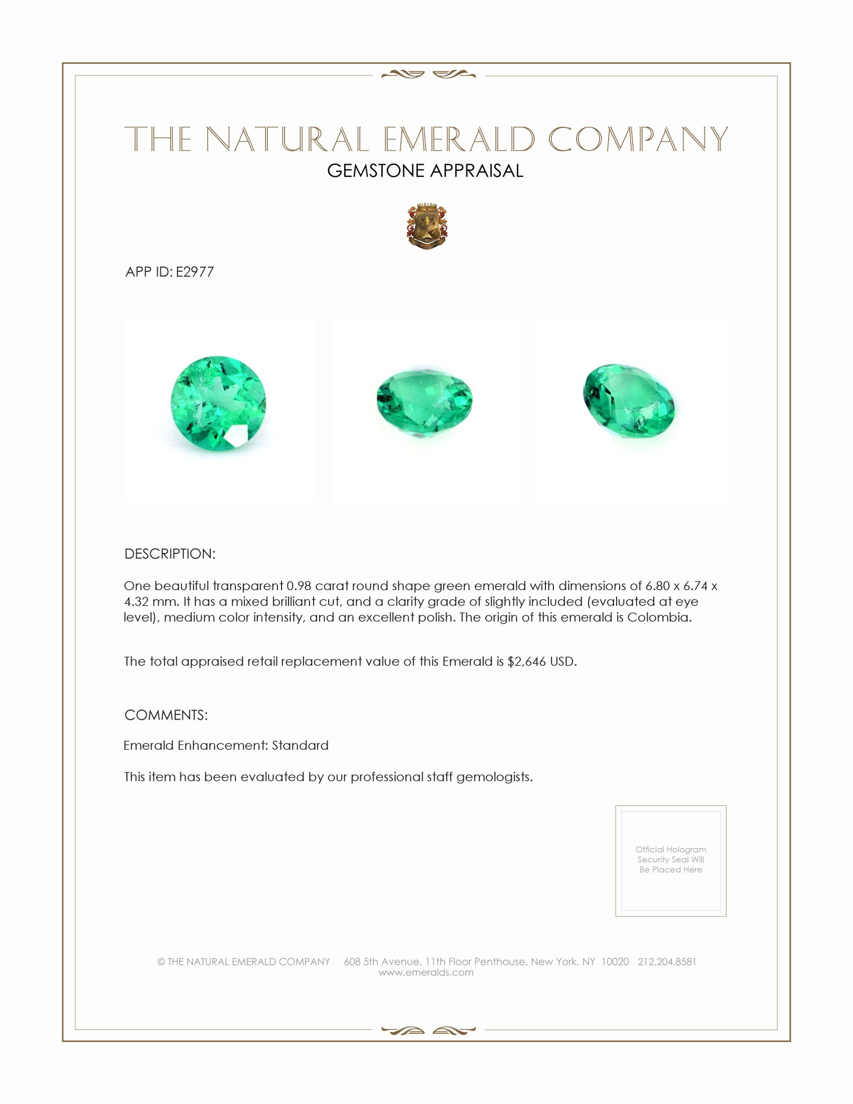 0.98 Ct. Emerald from Colombia