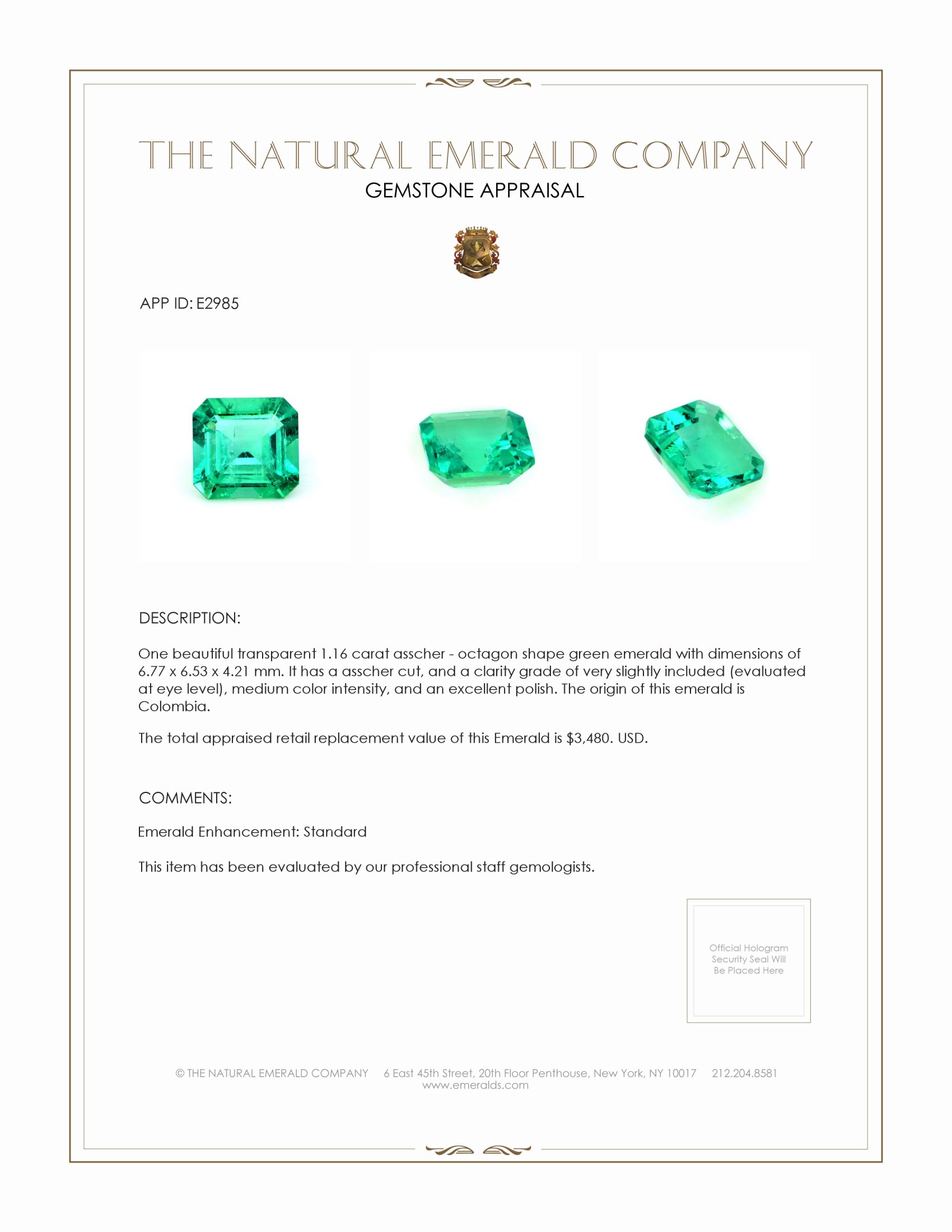 1.16 Ct. Emerald from Colombia