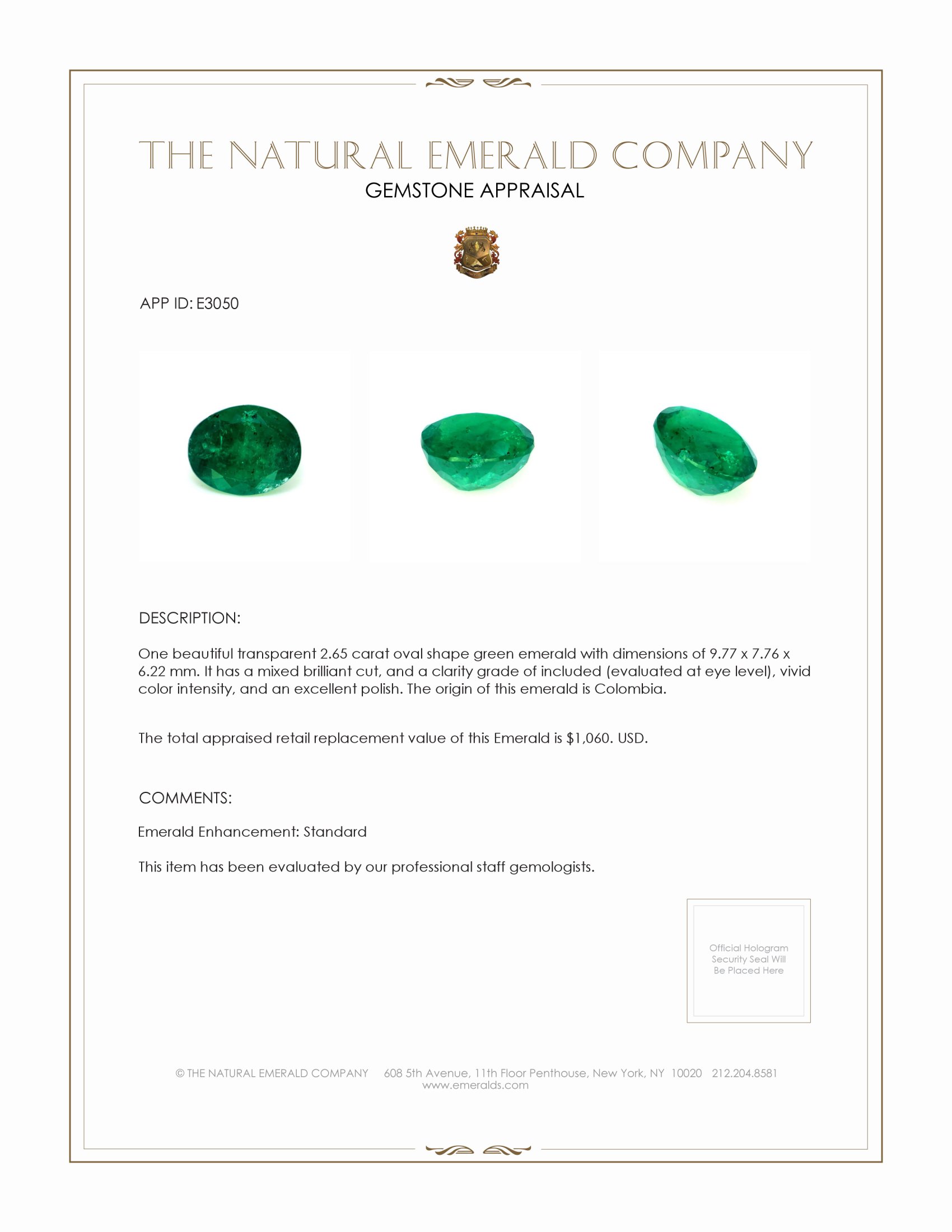 2.65 Ct. Emerald from Colombia