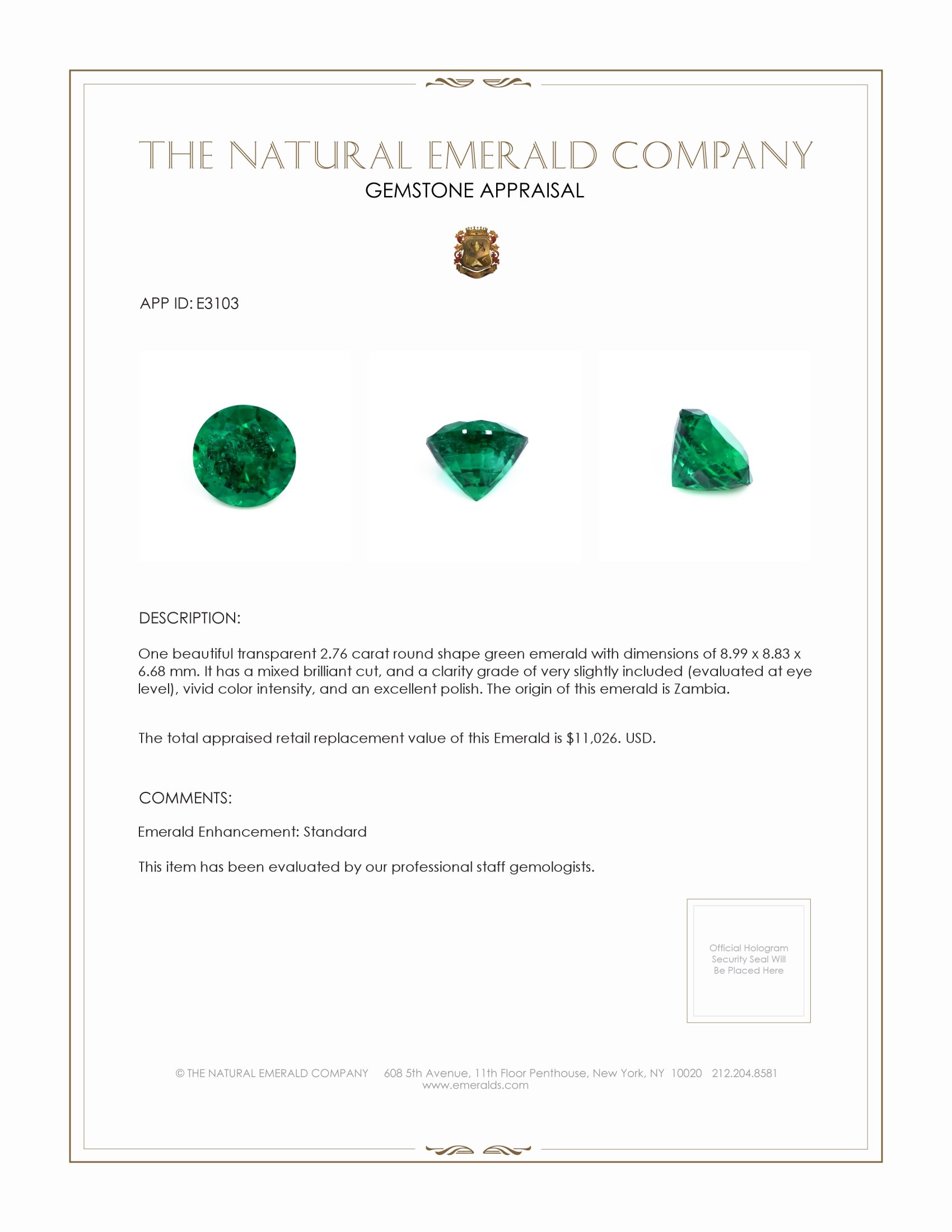 2.76 Ct. Emerald from Zambia
