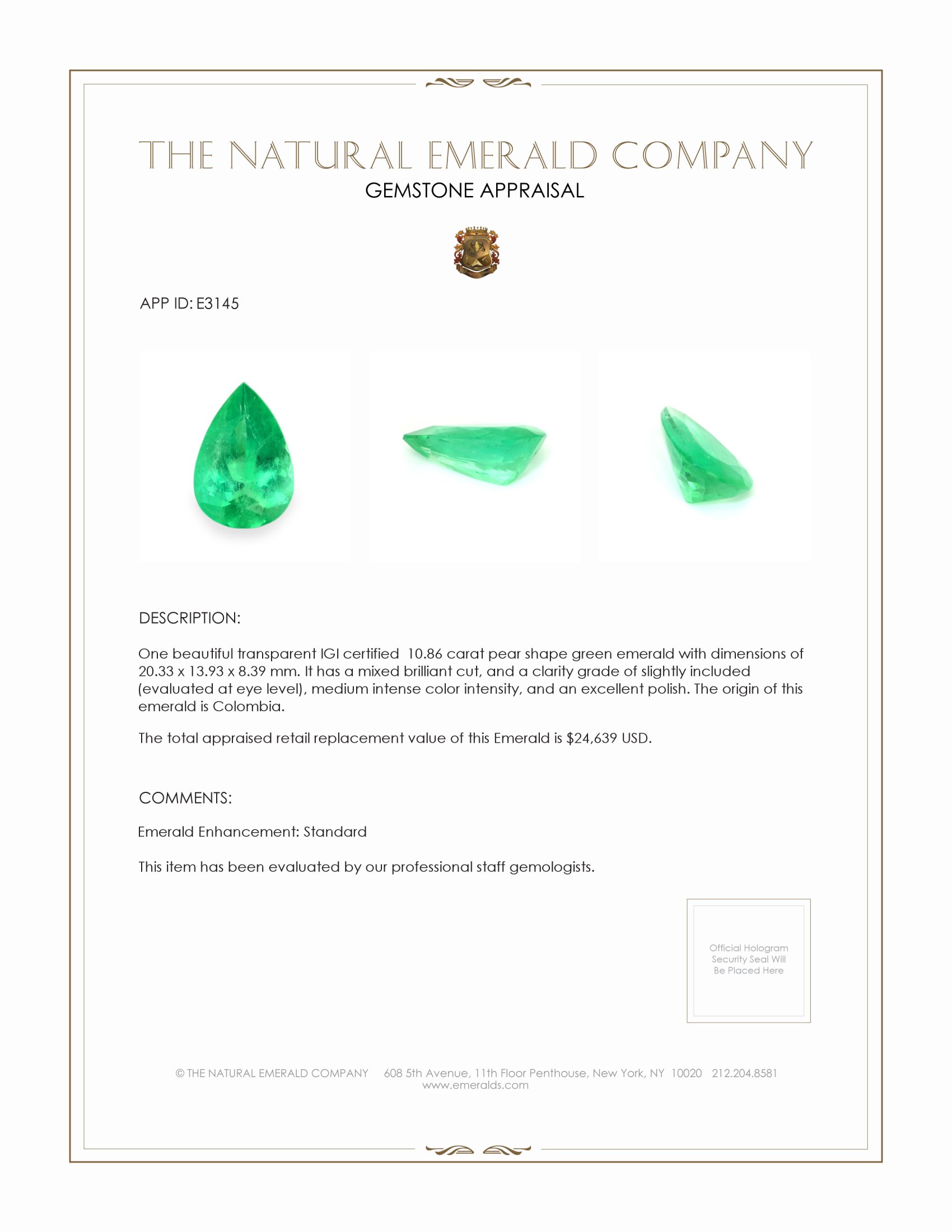 10.86 Ct. Emerald from Colombia