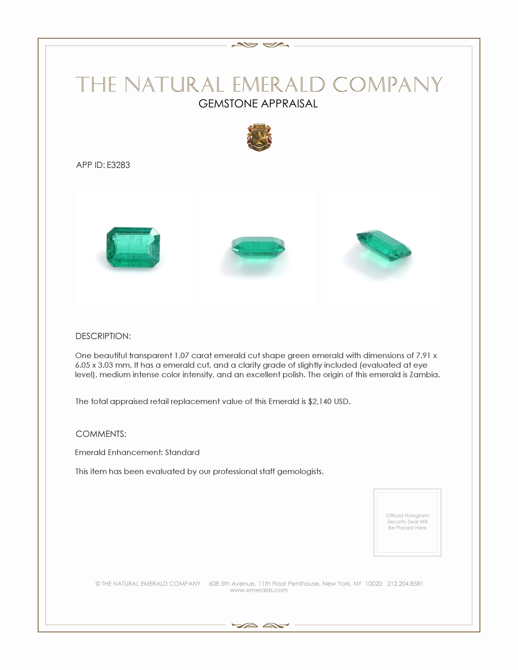 1.07 Ct. Emerald from Zambia
