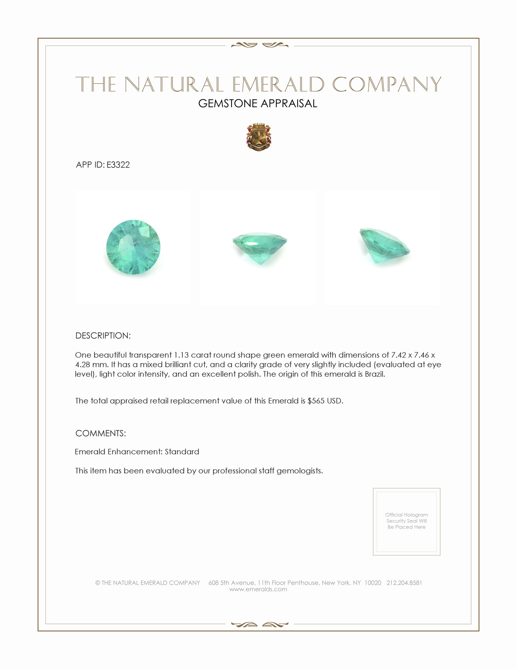 1.13 Ct. Emerald from Brazil