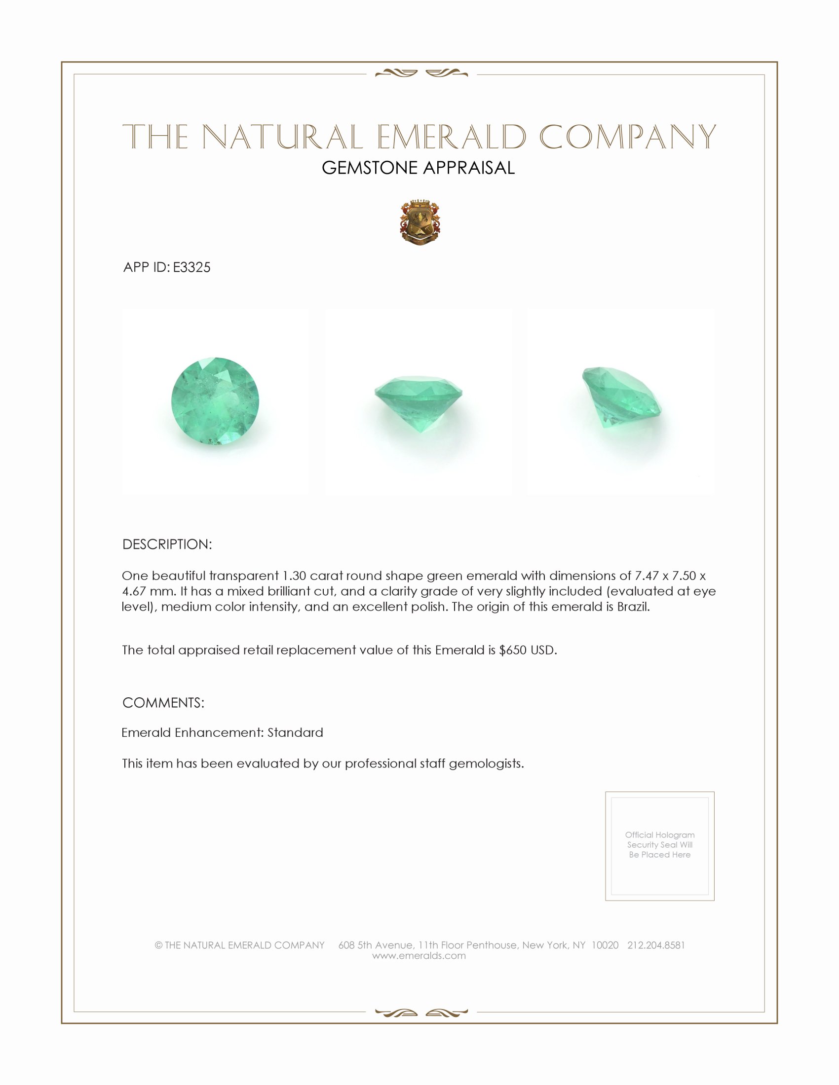 1.30 Ct. Emerald from Brazil