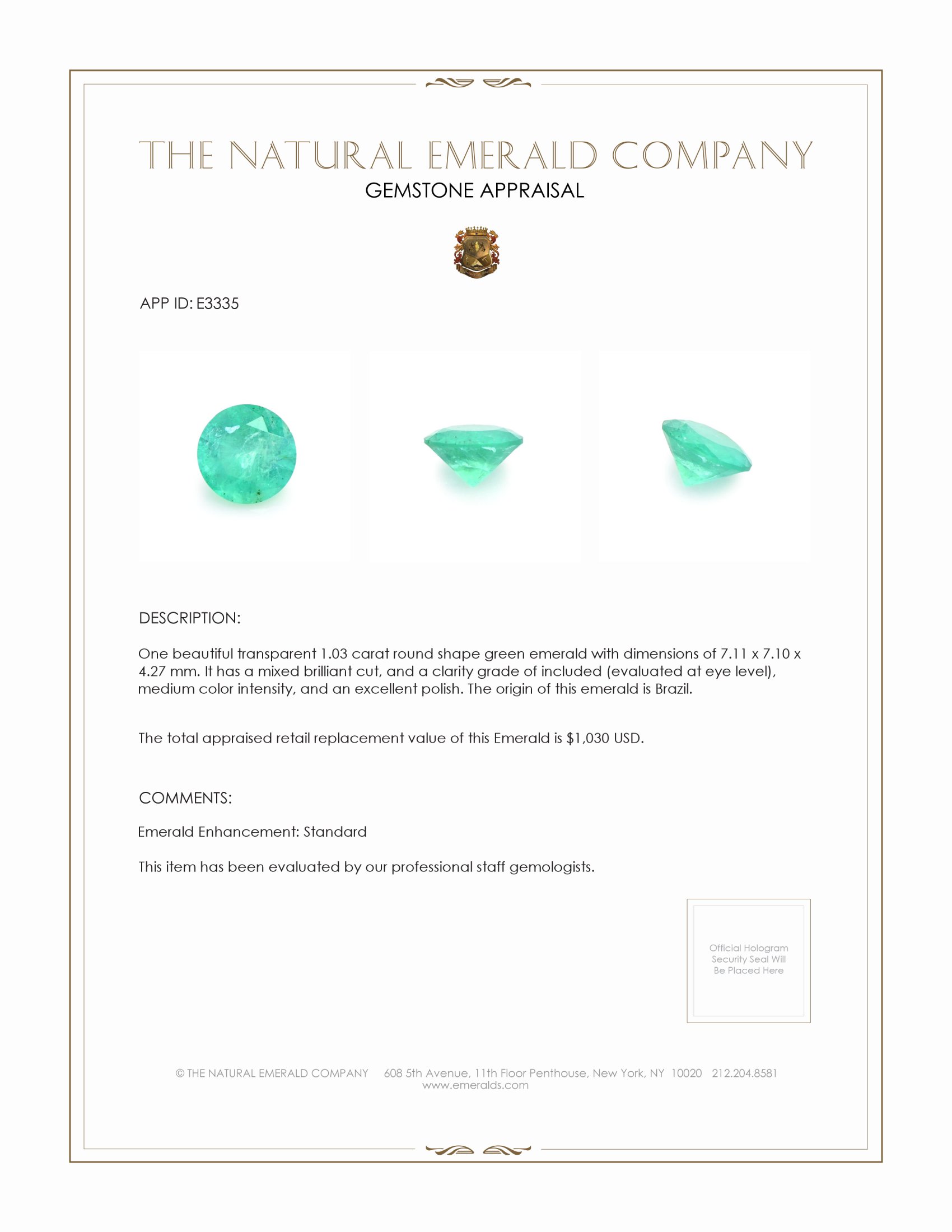 1.03 Ct. Emerald from Brazil