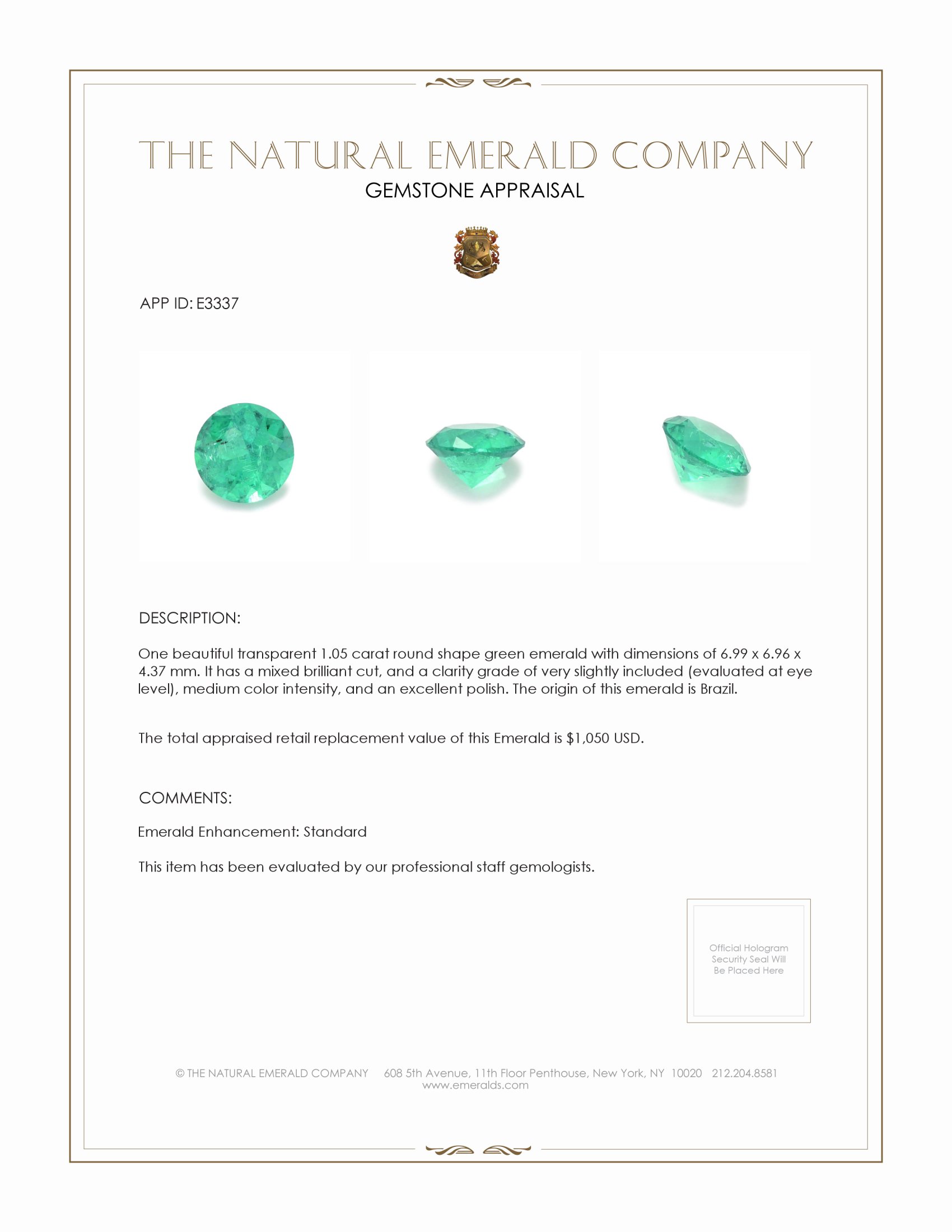 1.05 Ct. Emerald from Brazil