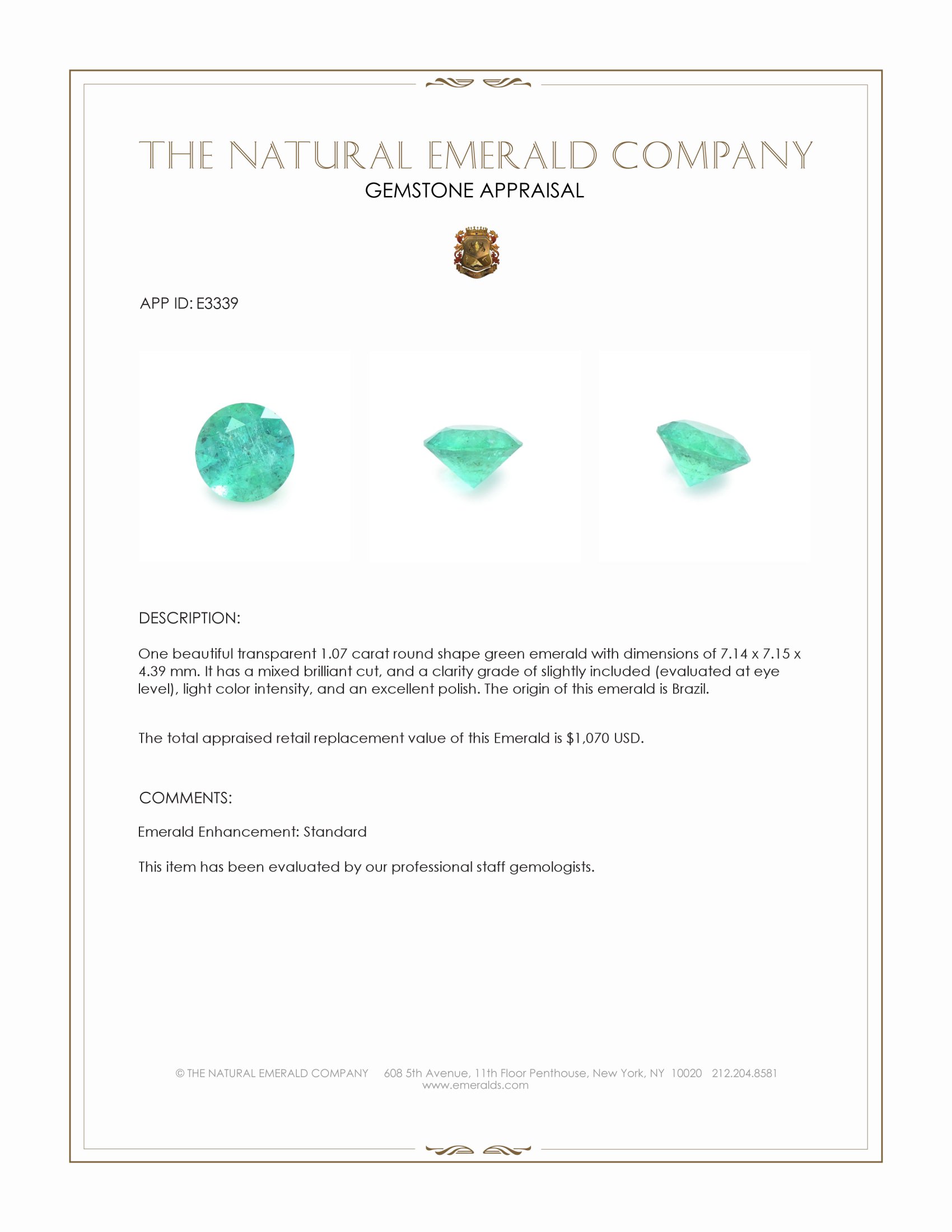 1.07 Ct. Emerald from Brazil