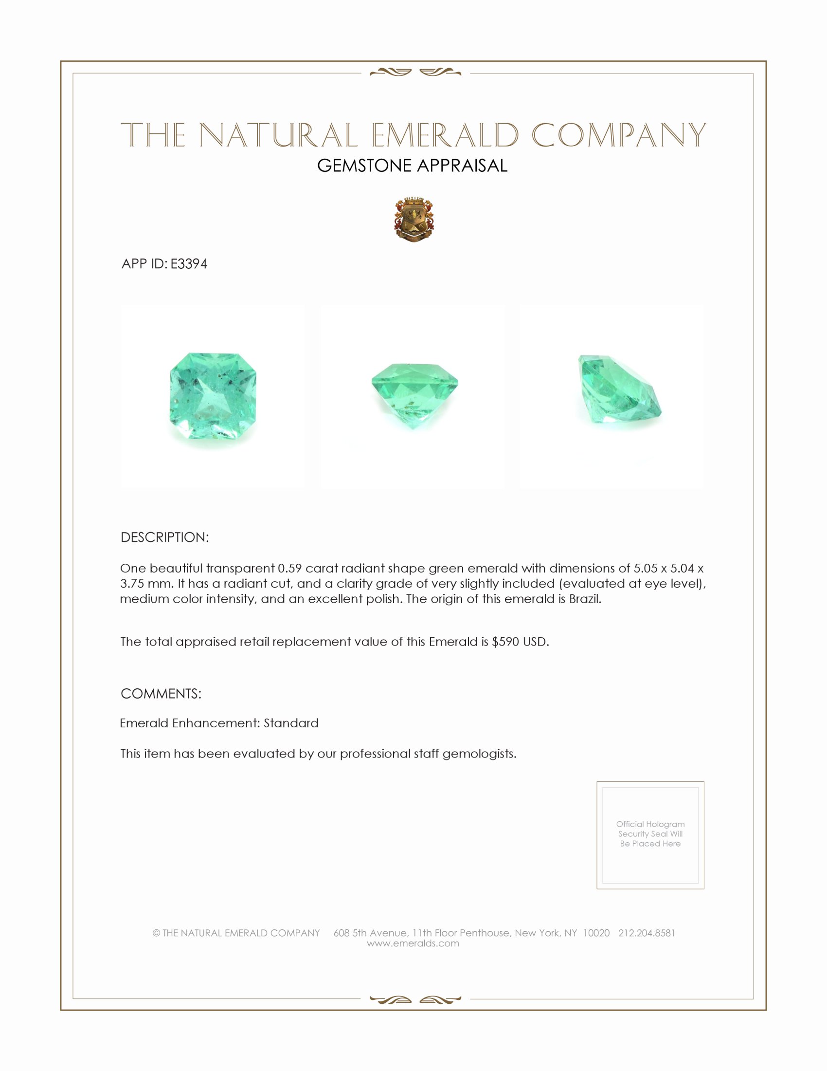 0.59 Ct. Emerald from Brazil