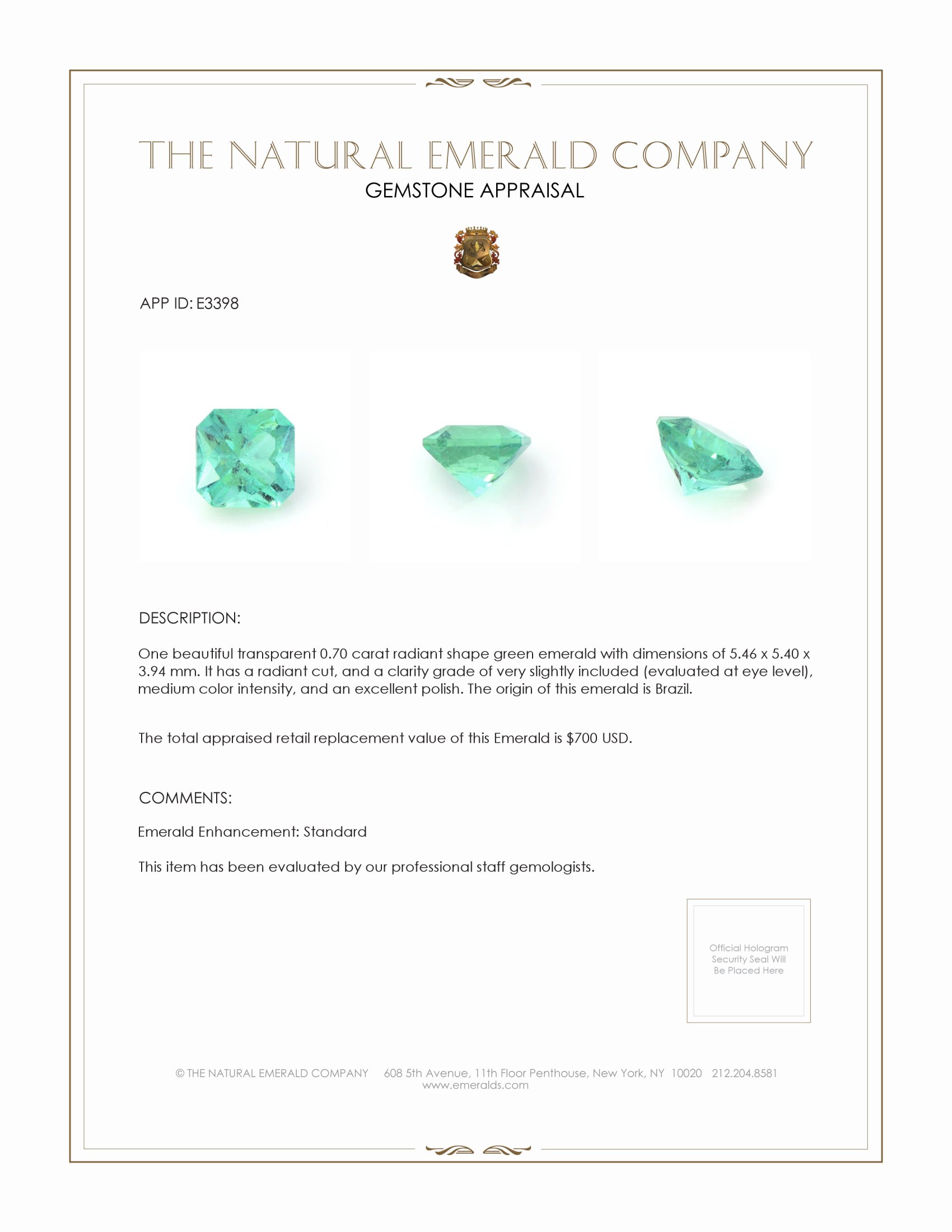 0.70 Ct. Emerald from Brazil