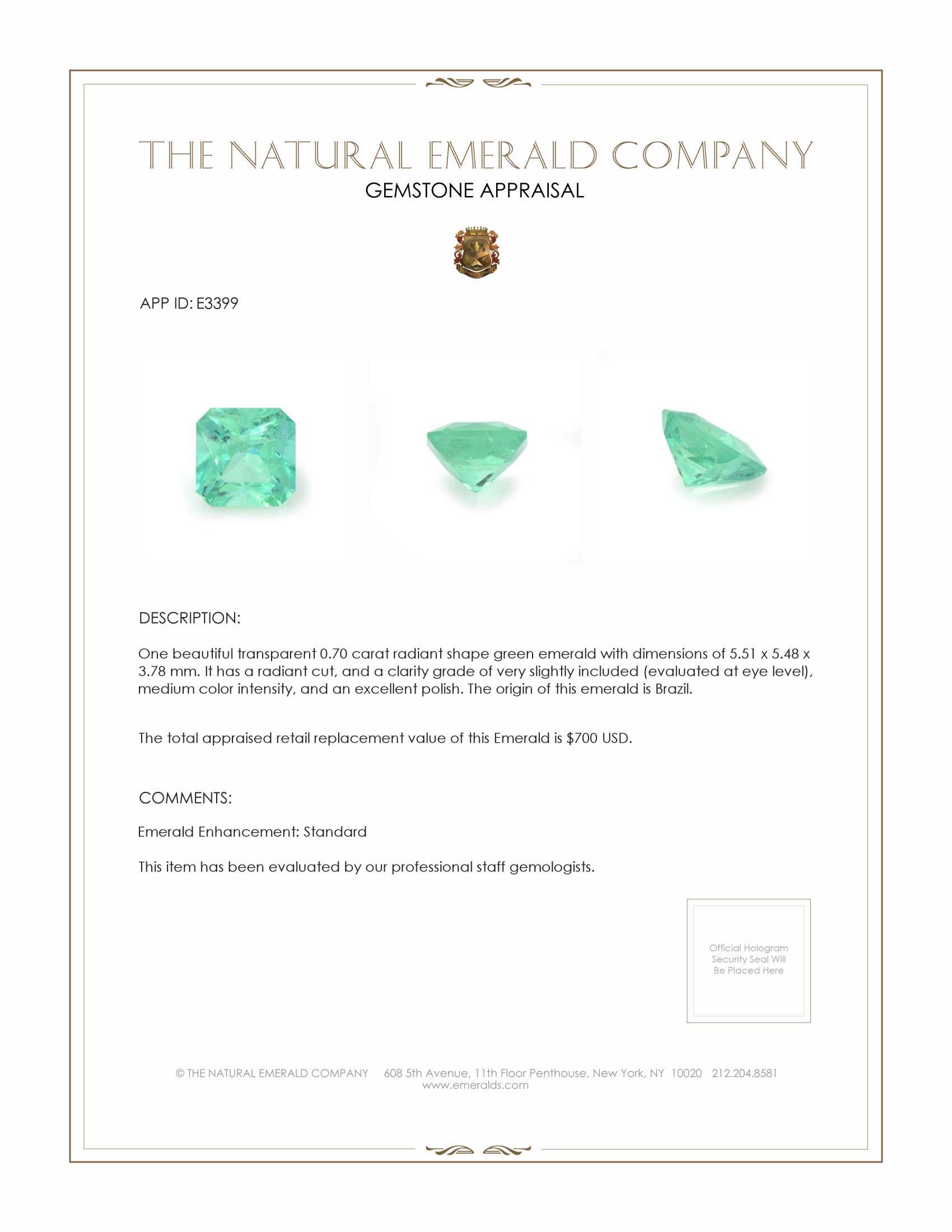 0.70 Ct. Emerald from Brazil