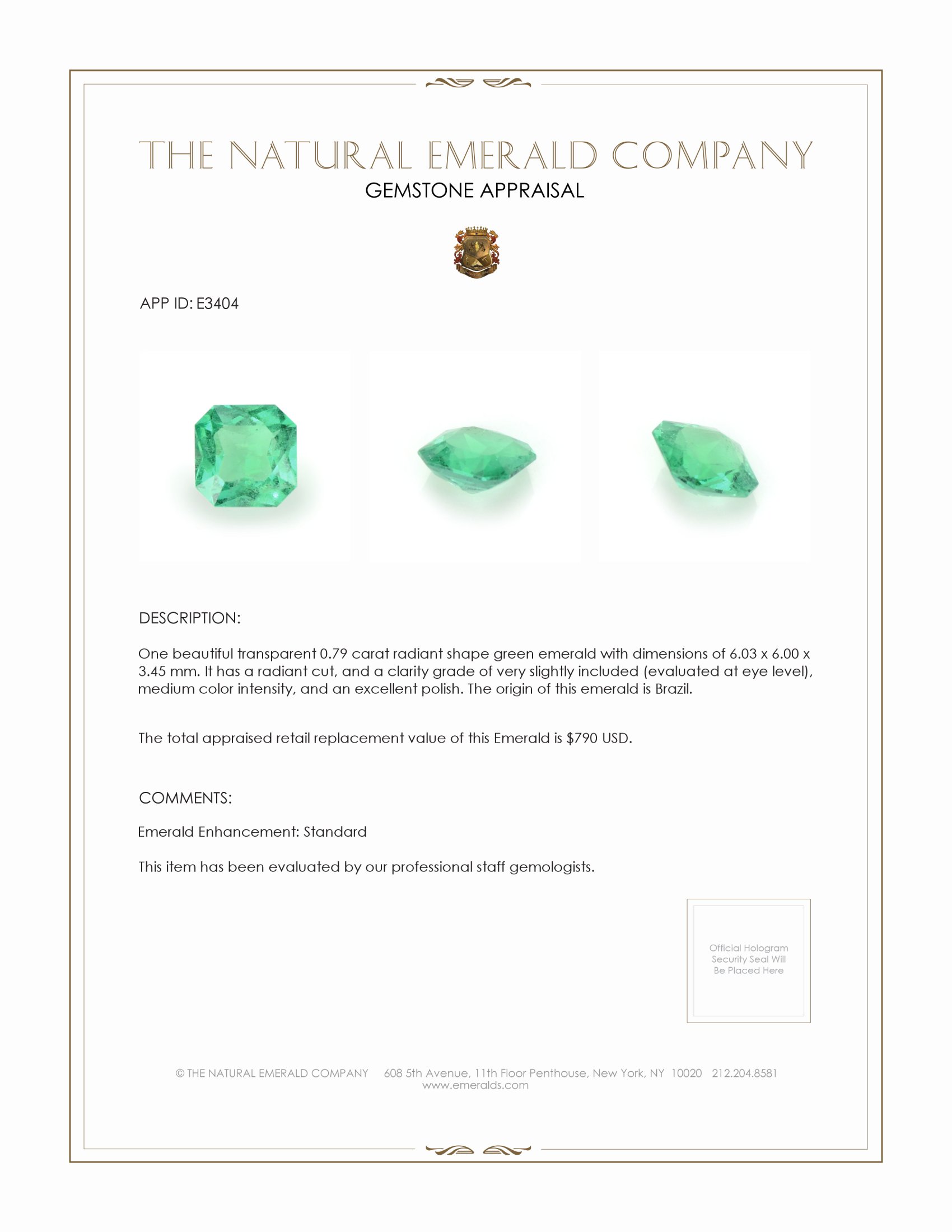 0.79 Ct. Emerald from Brazil