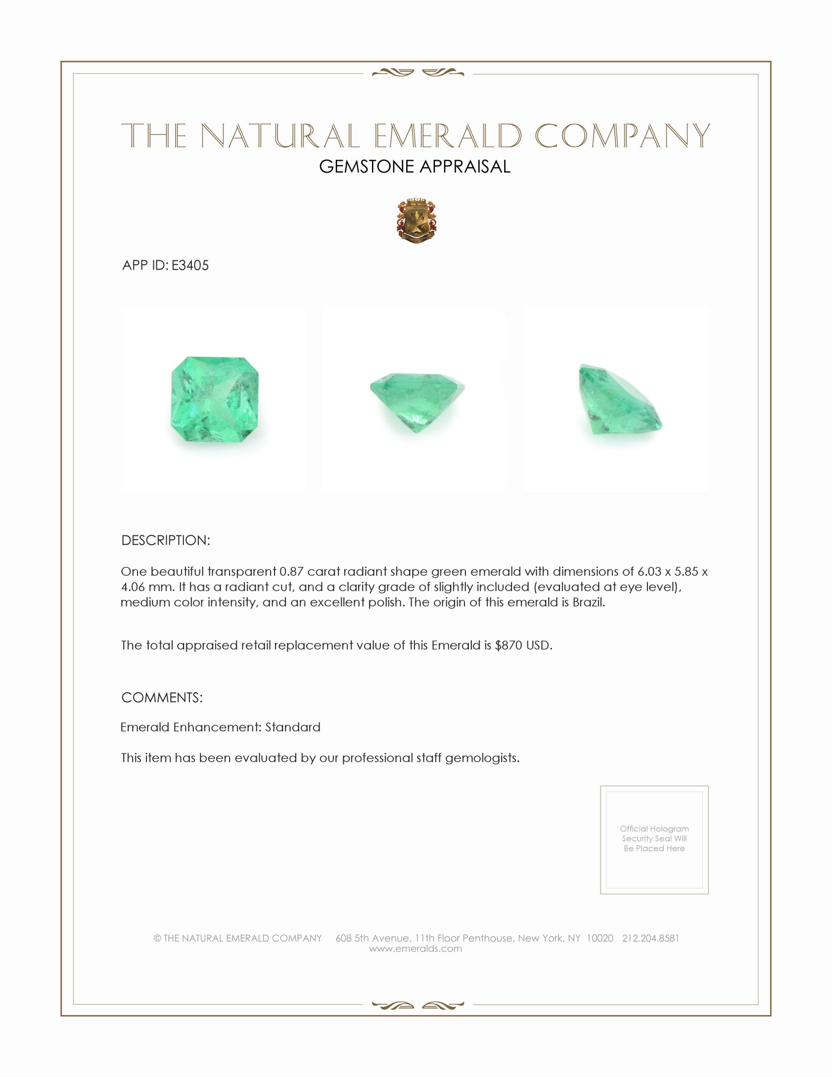 0.87 Ct. Emerald from Brazil