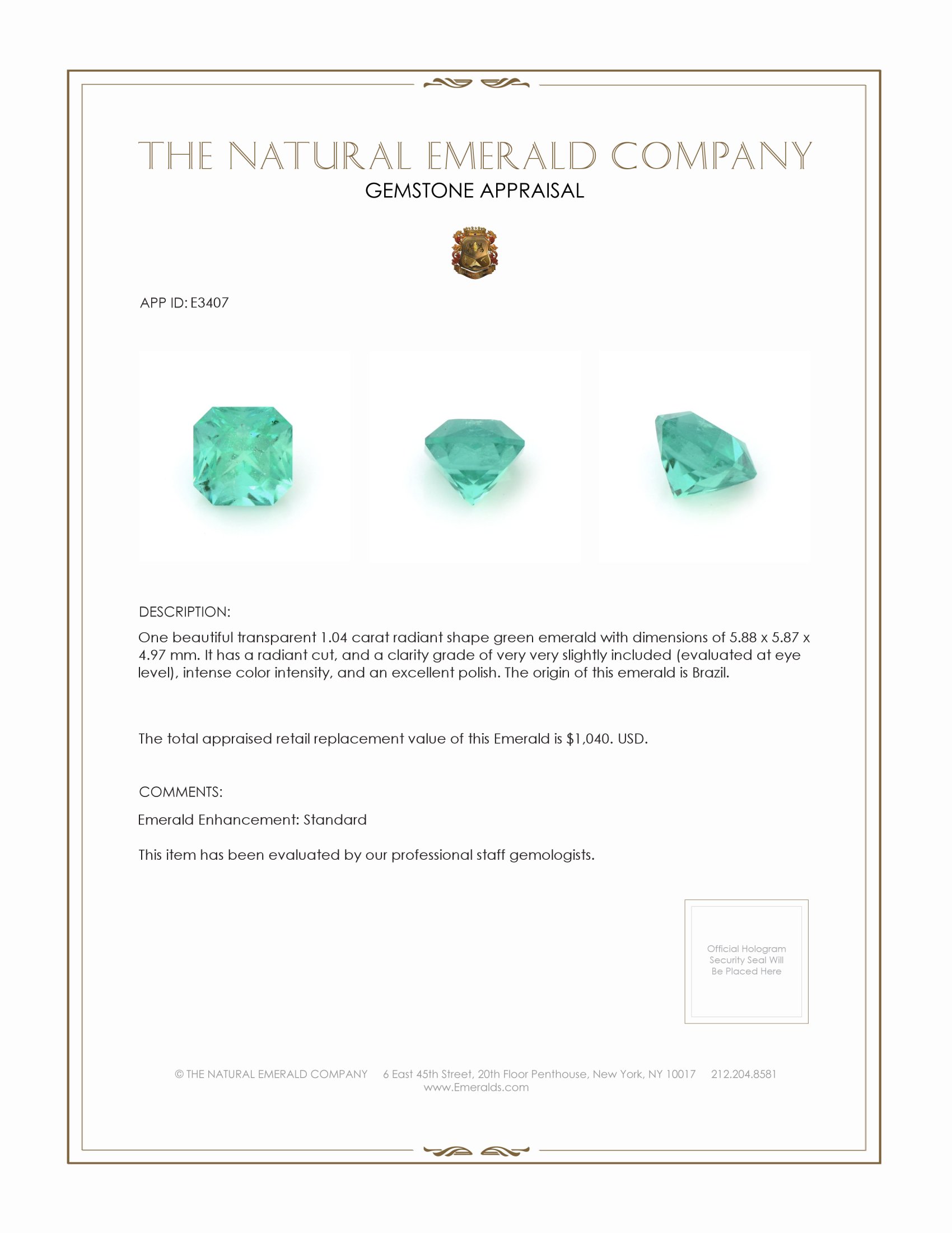 1.04 Ct. Emerald from Brazil