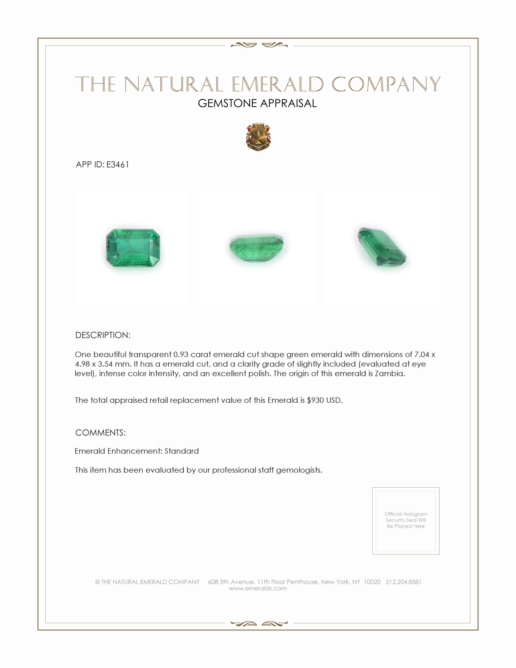0.93 Ct. Emerald from Zambia
