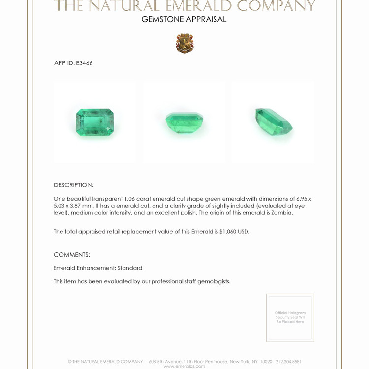 1.06 Ct. Emerald from Zambia
