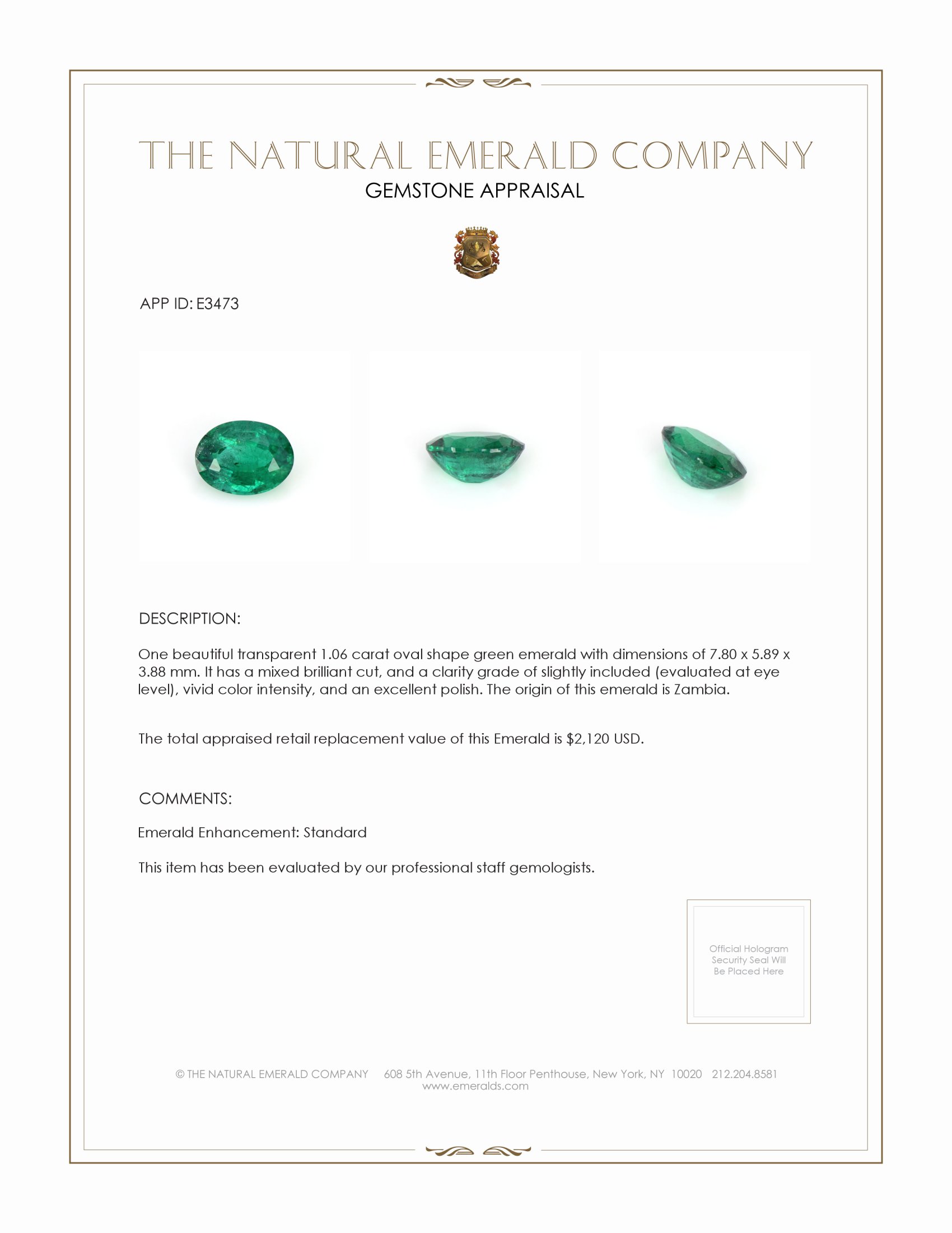 1.06 Ct. Emerald from Zambia