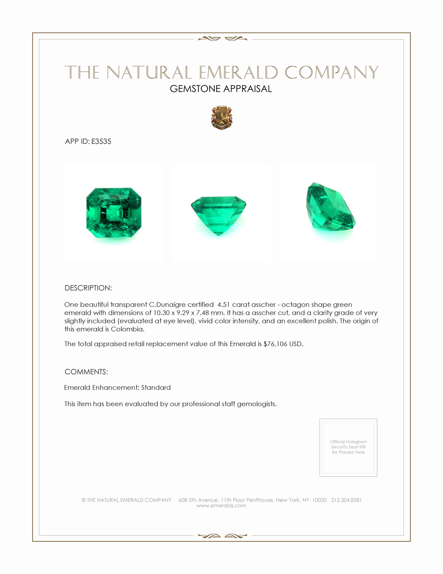 4.51 Ct. Emerald from Colombia