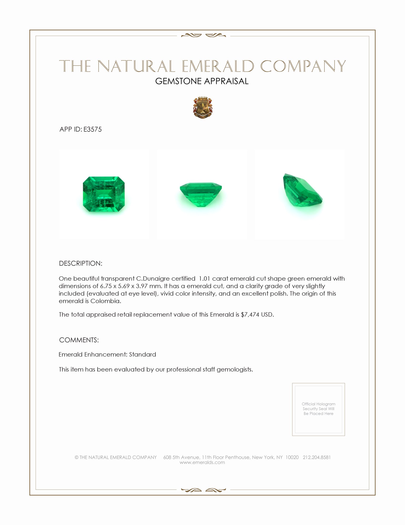 1.01 Ct. Emerald from Colombia