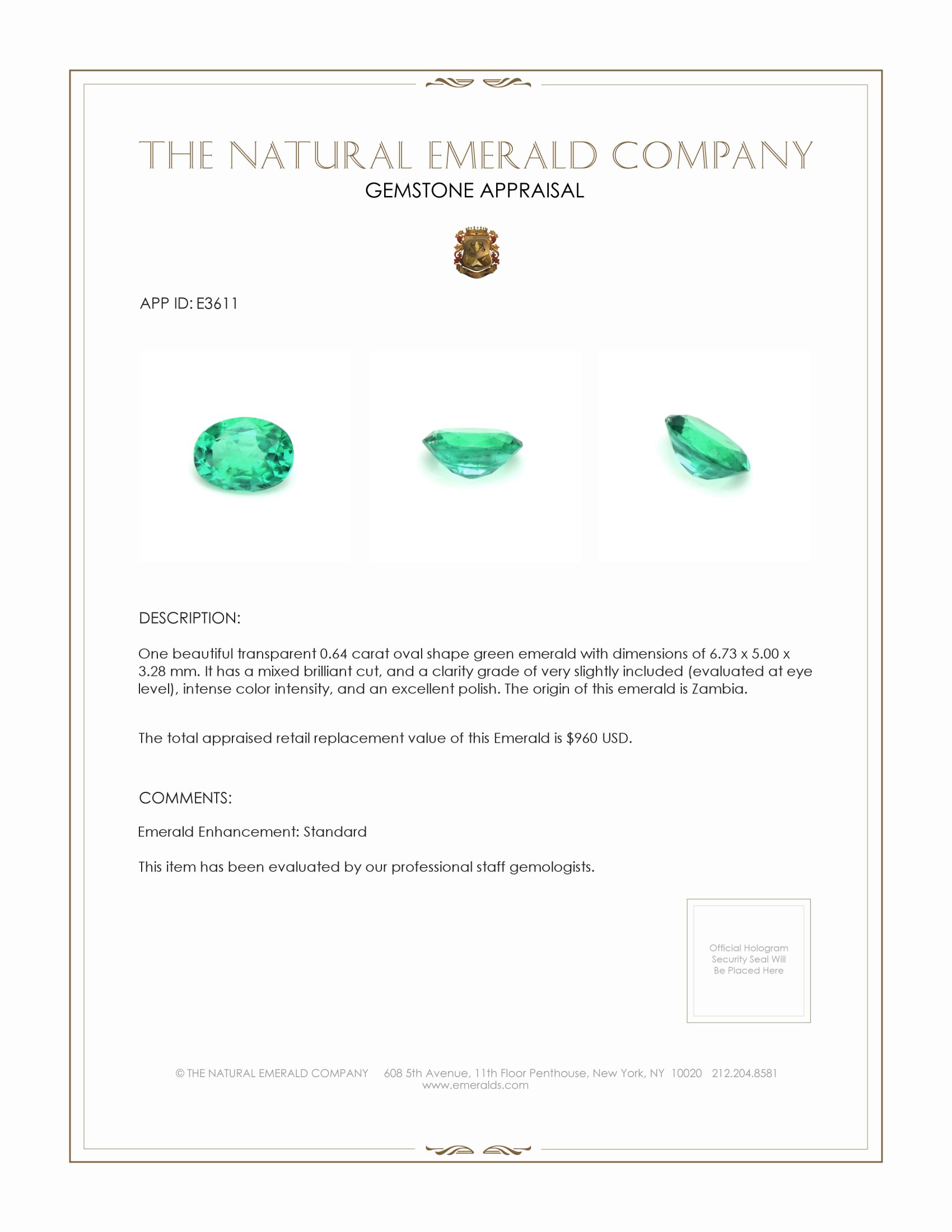 0.64 Ct. Emerald from Zambia