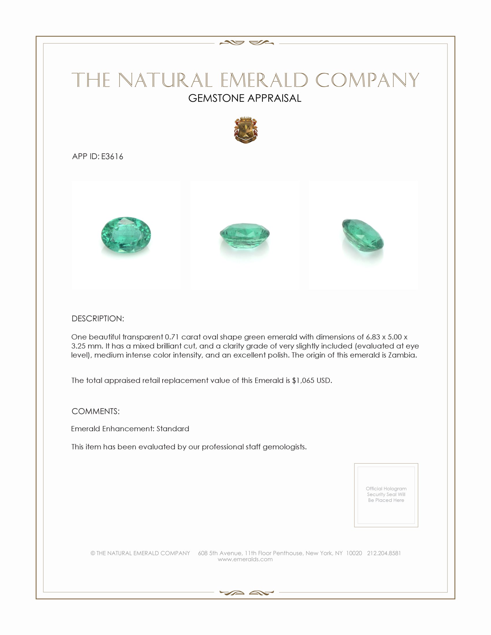 0.71 Ct. Emerald from Zambia