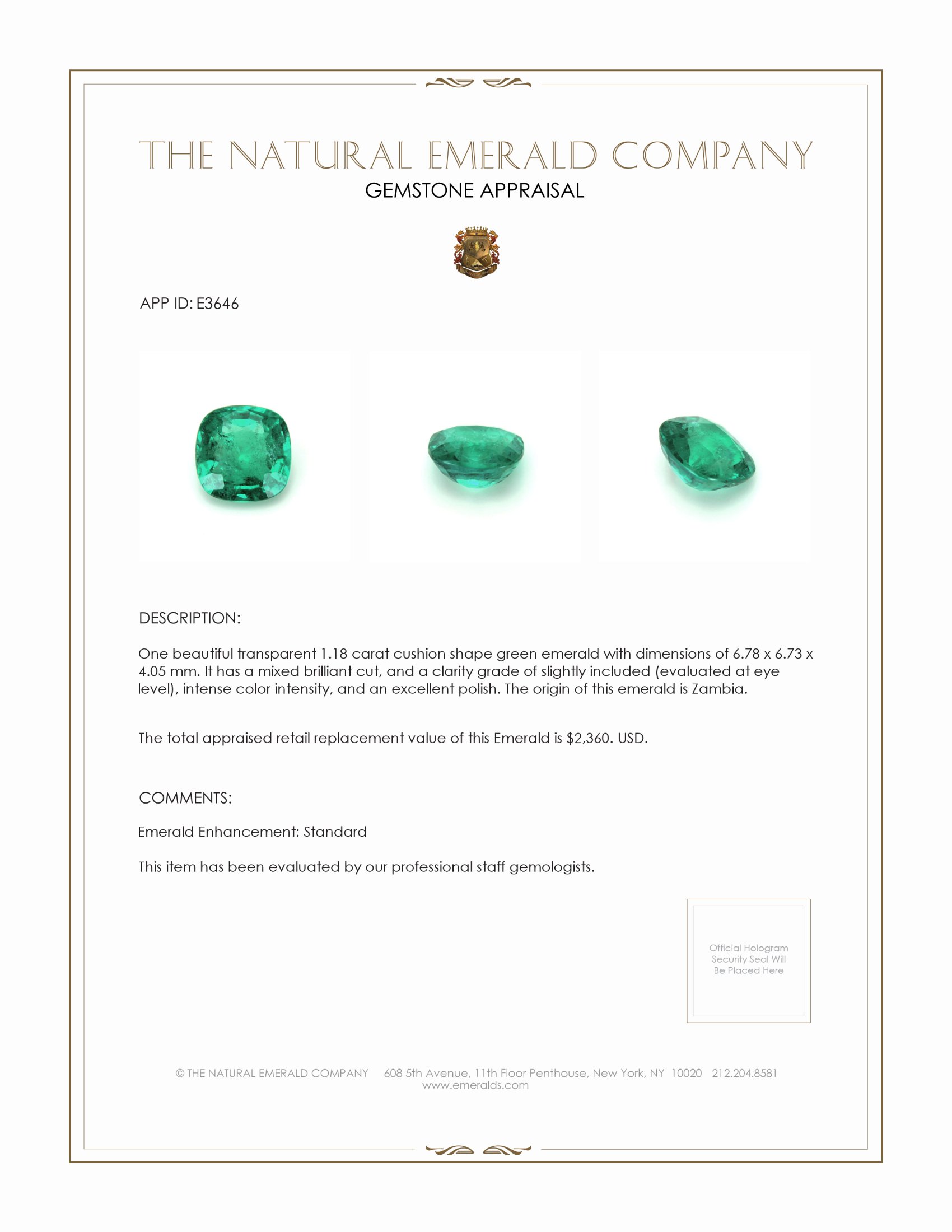 1.18 Ct. Emerald from Zambia