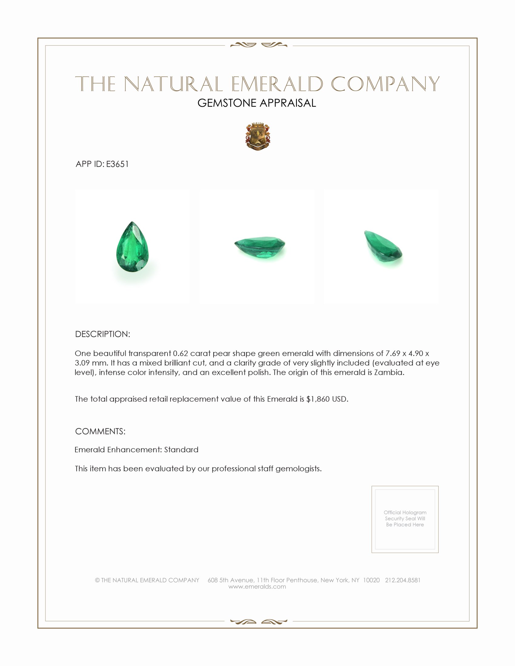 0.62 Ct. Emerald from Zambia