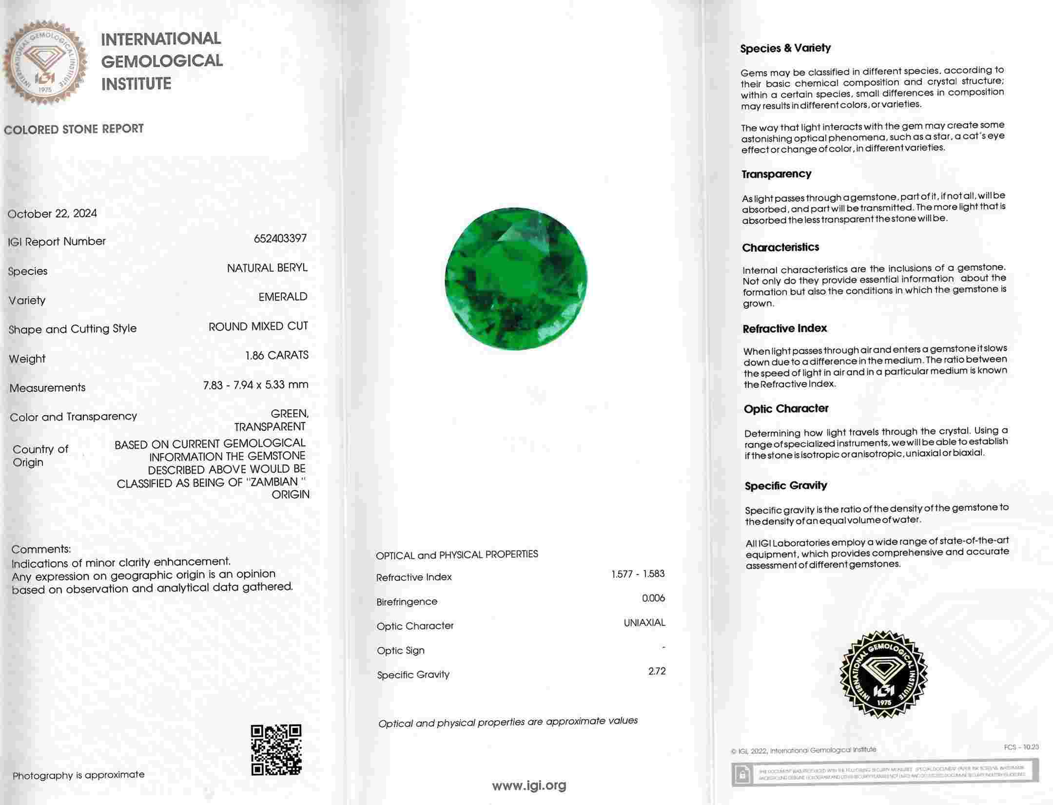 1.86 Ct. Emerald from Zambia