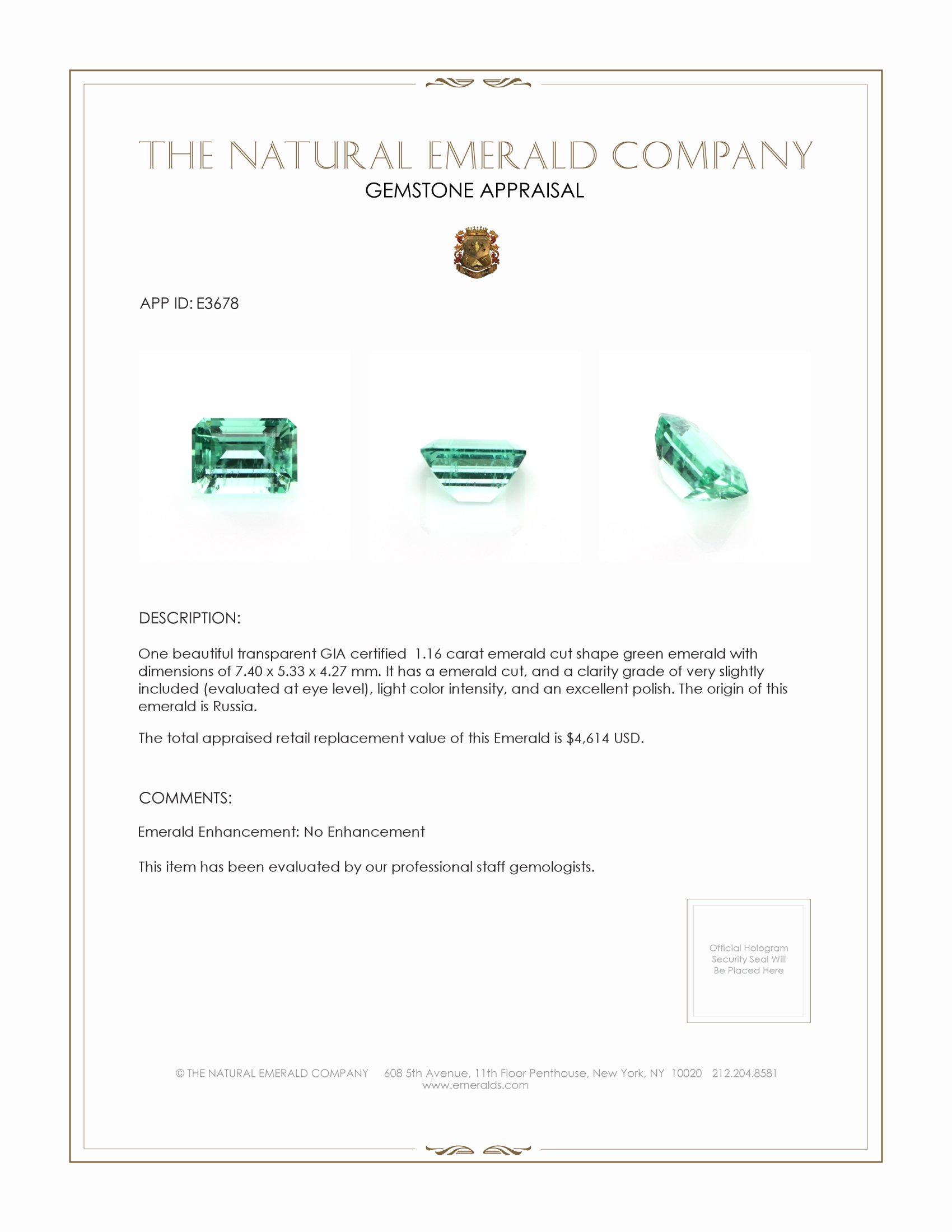 1.16 Ct. Emerald from Russia