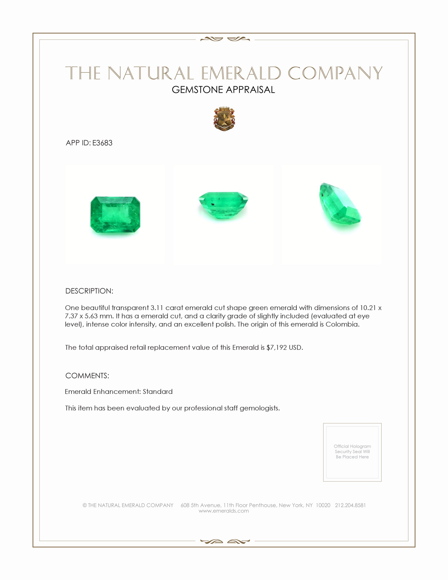 3.11 Ct. Emerald from Colombia