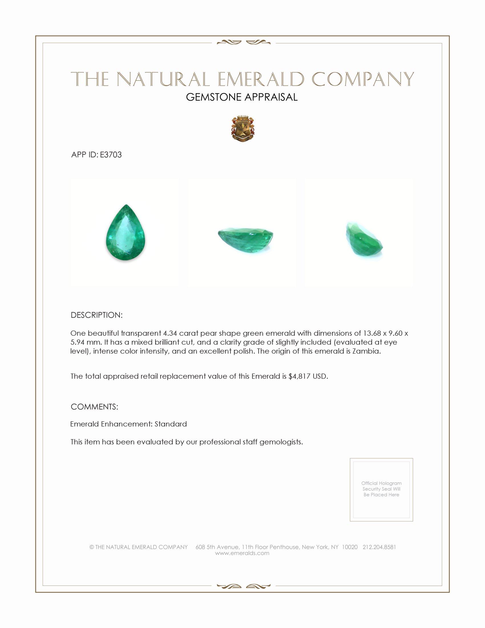 4.34 Ct. Emerald from Zambia