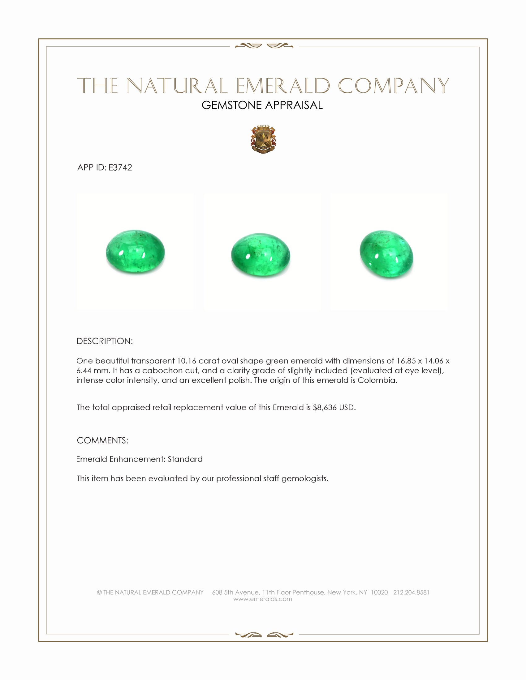 10.16 Ct. Cabochon Emerald from Colombia