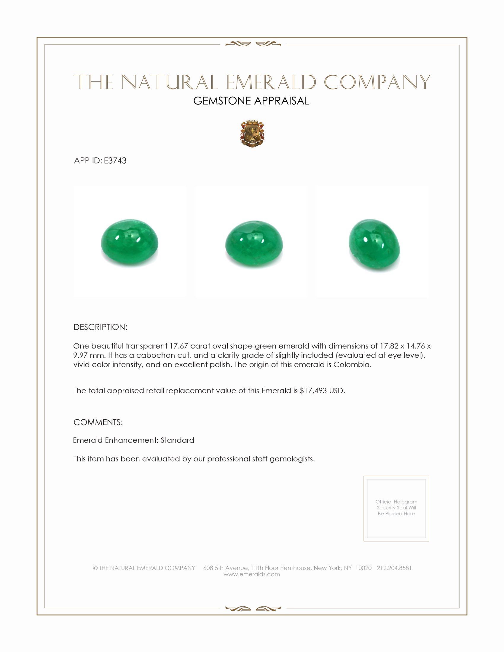 17.67 Ct. Cabochon Emerald from Colombia