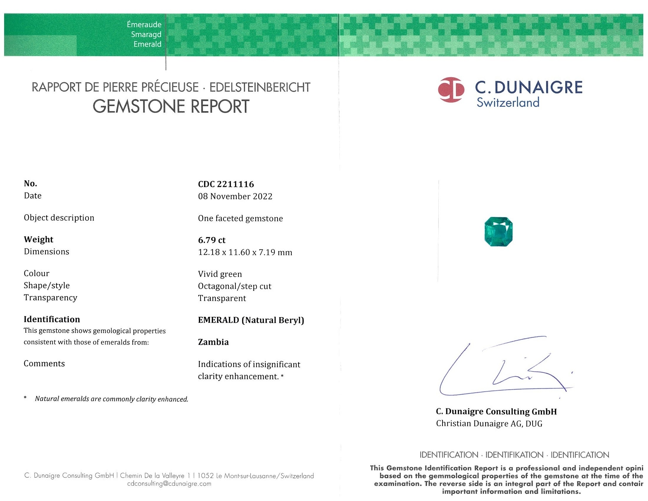 6.79 Ct. Emerald from Zambia