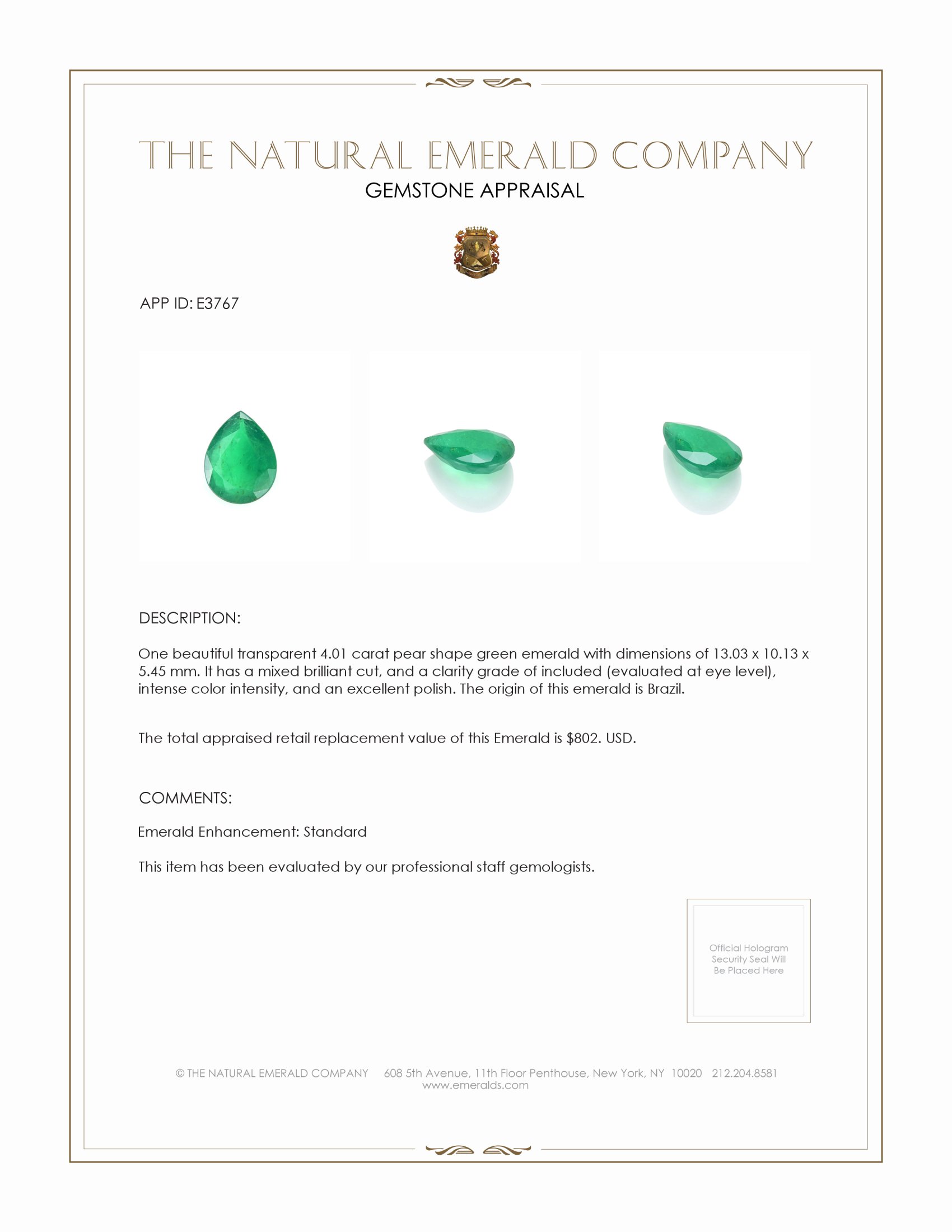 4.01 Ct. Emerald from Brazil