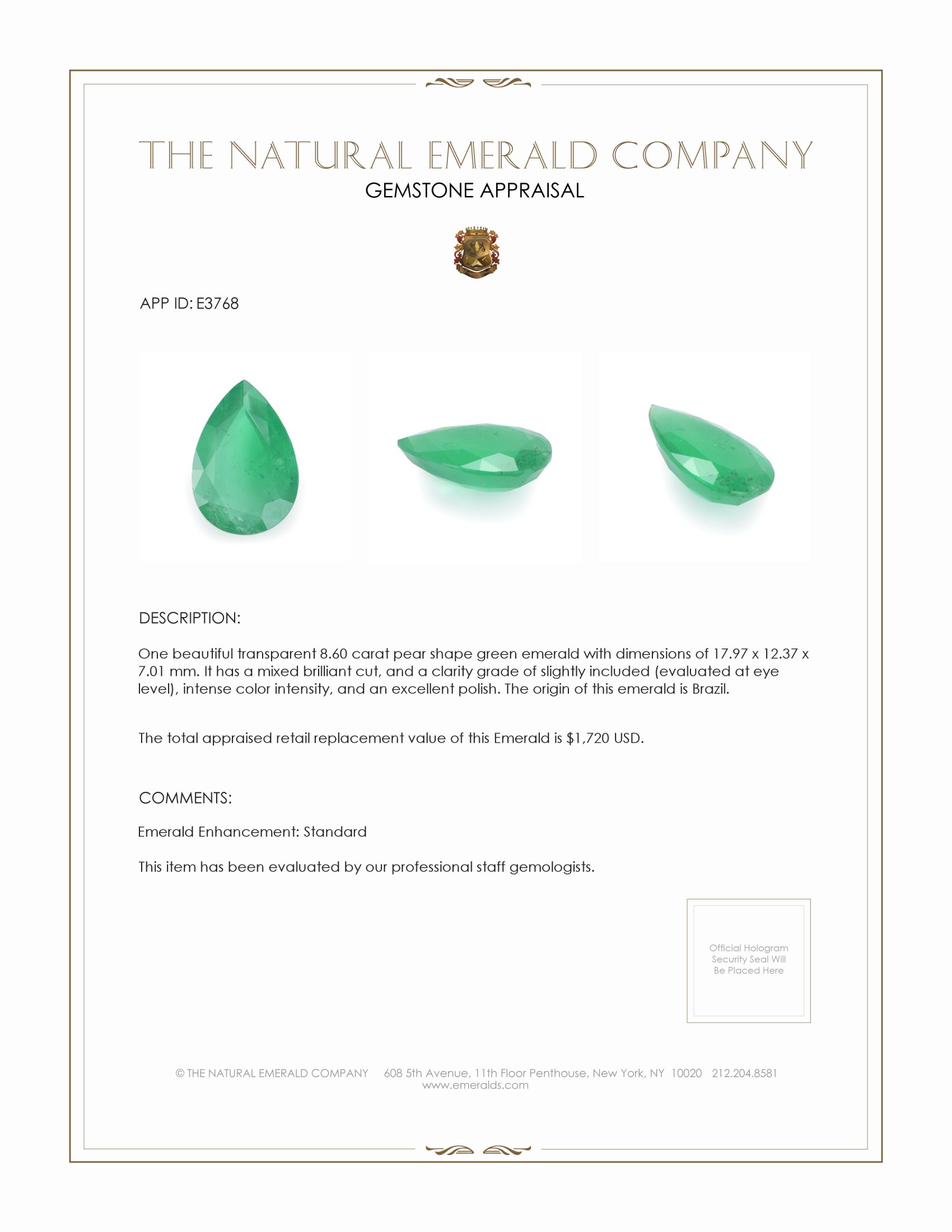 8.60 Ct. Emerald from Brazil