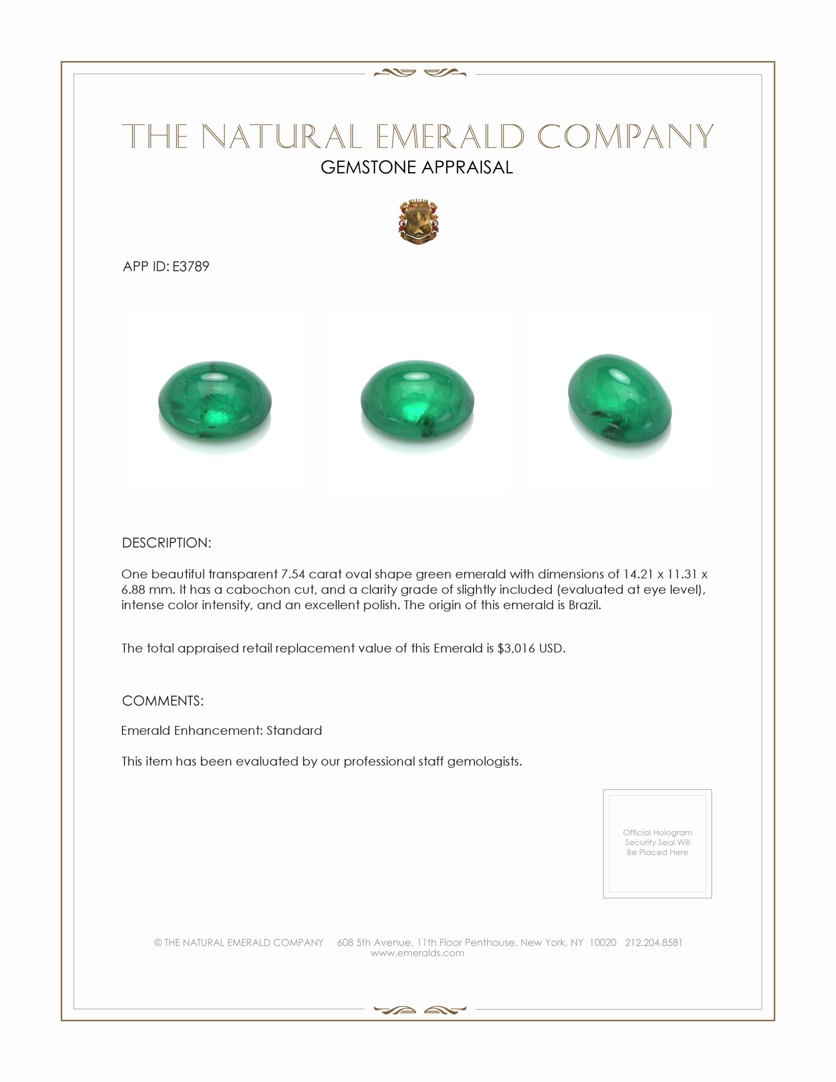 7.54 Ct. Cabochon Emerald from Brazil