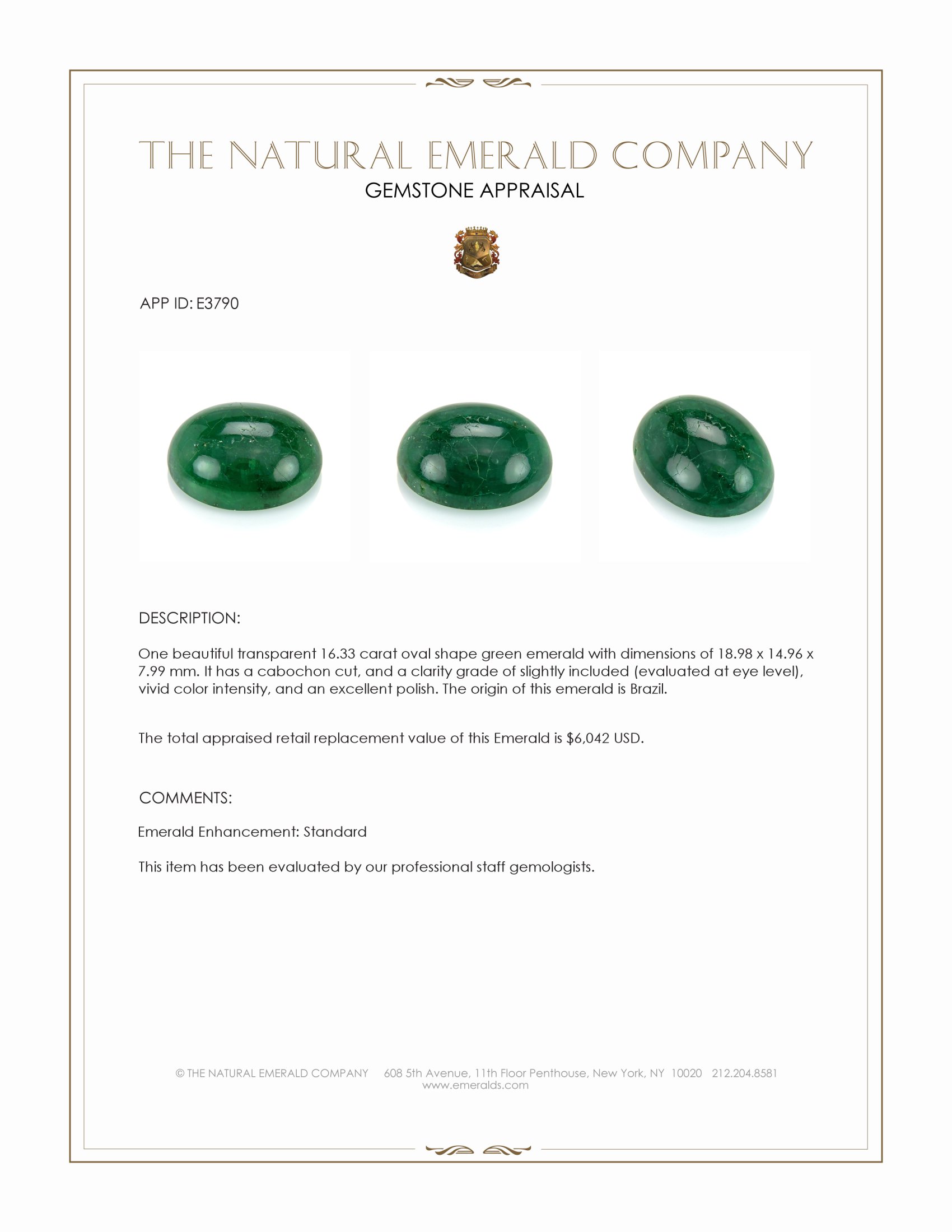 16.33 Ct. Cabochon Emerald from Brazil