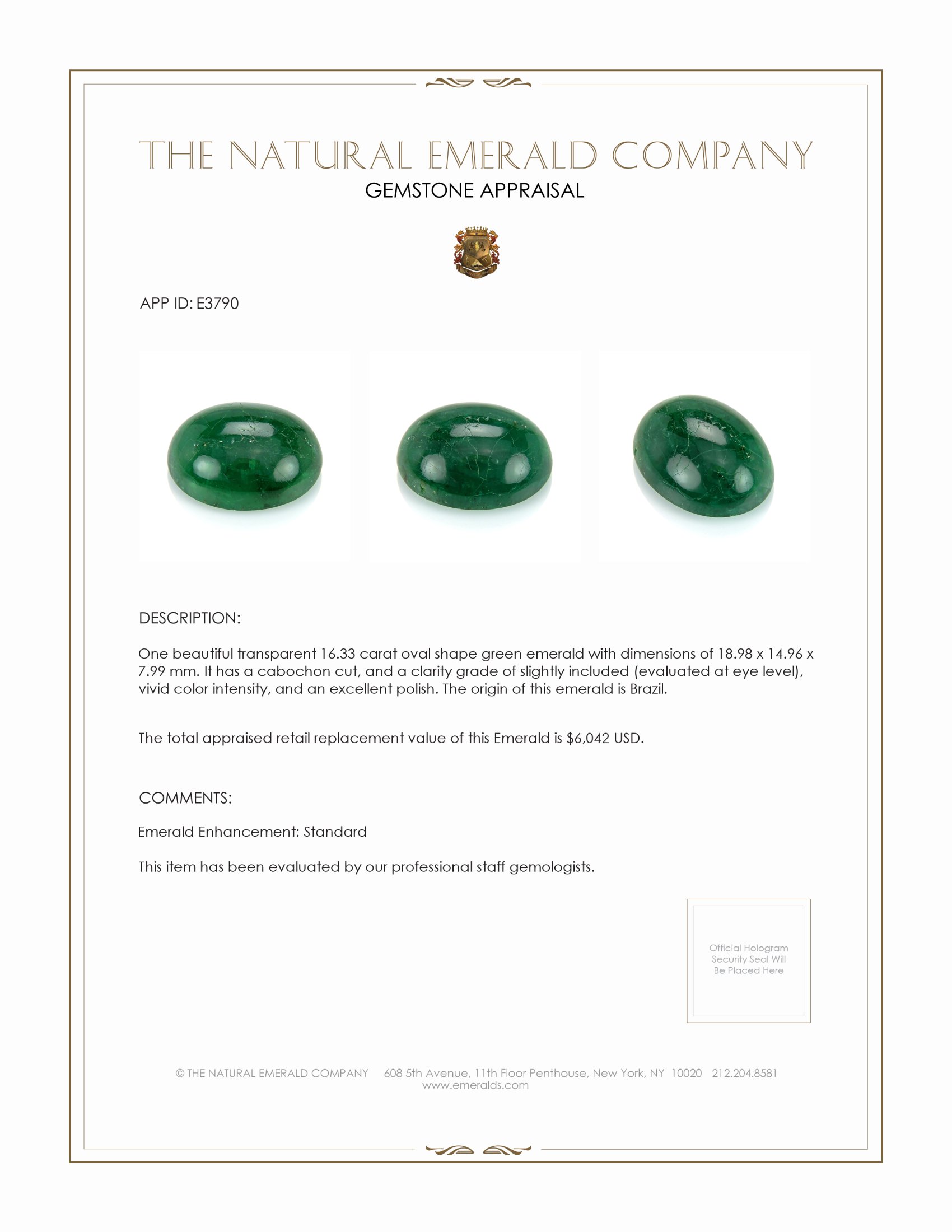 16.33 Ct. Cabochon Emerald from Brazil