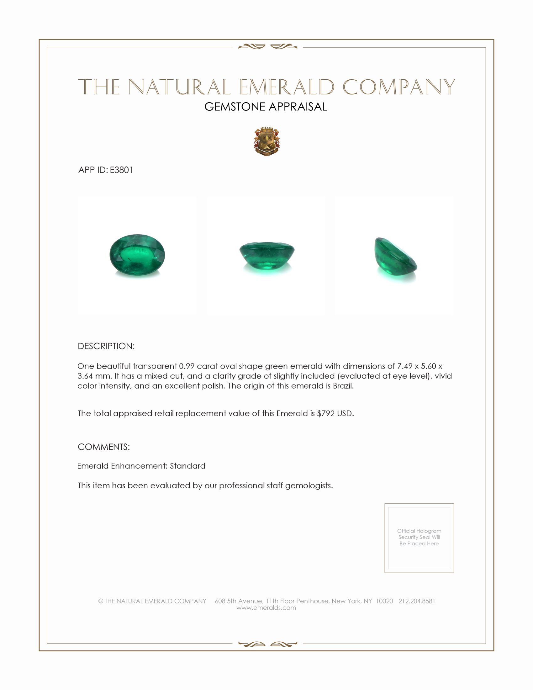 0.99 Ct. Cabochon Emerald from Brazil