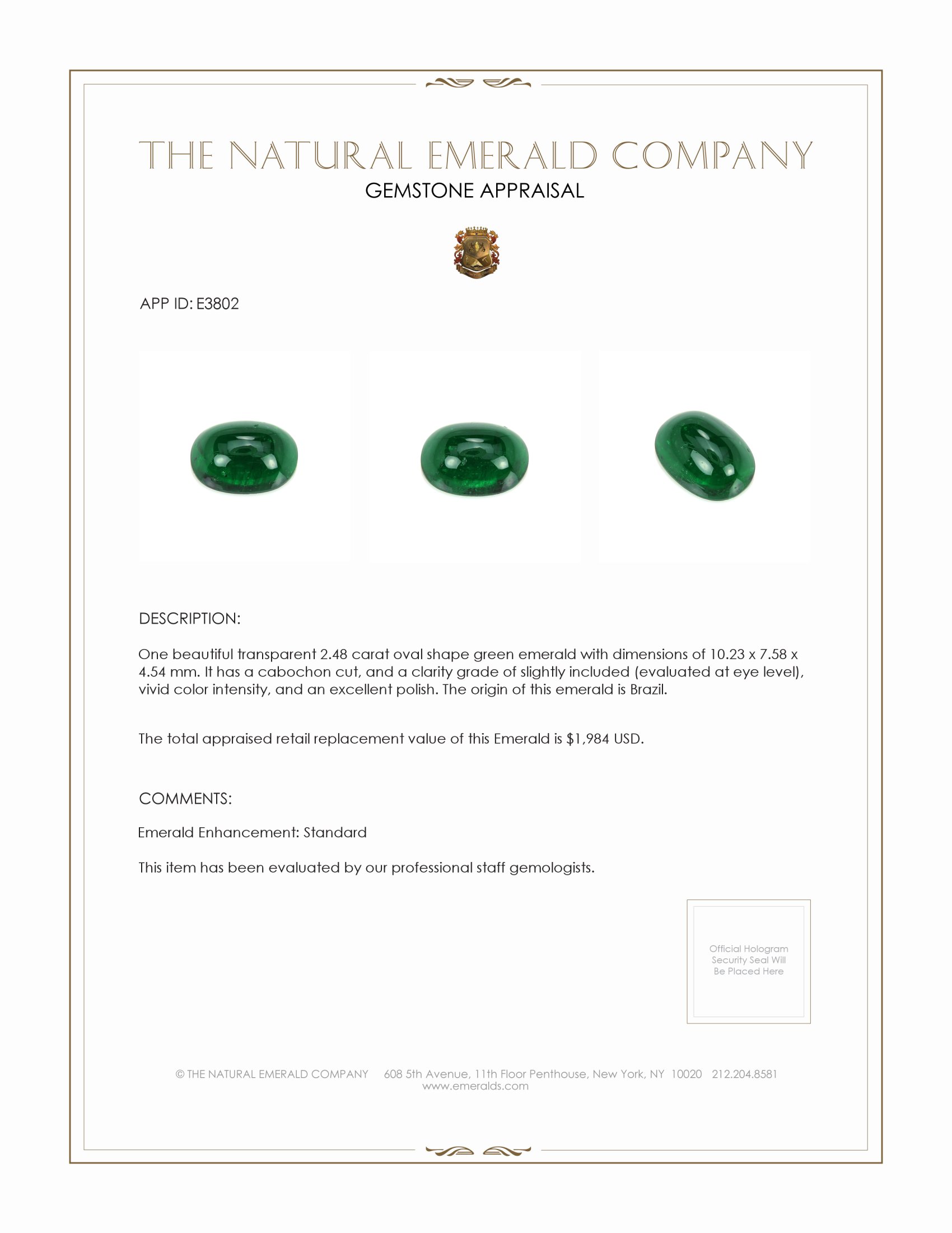 2.48 Ct. Cabochon Emerald from Brazil